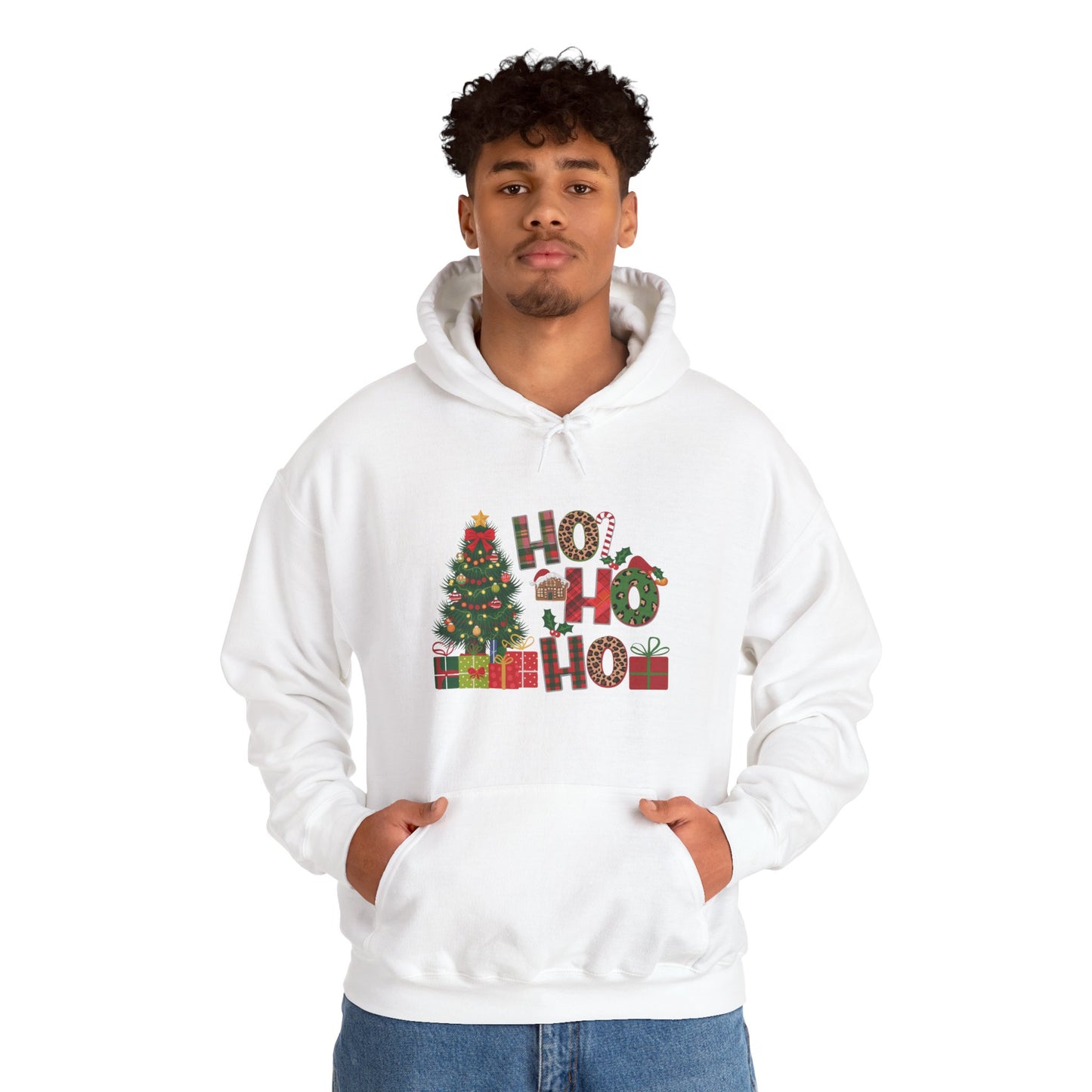 Christmas 'Ho Ho Ho' Hoodie with Tree & Gifts - Festive Holiday Sweatshirt