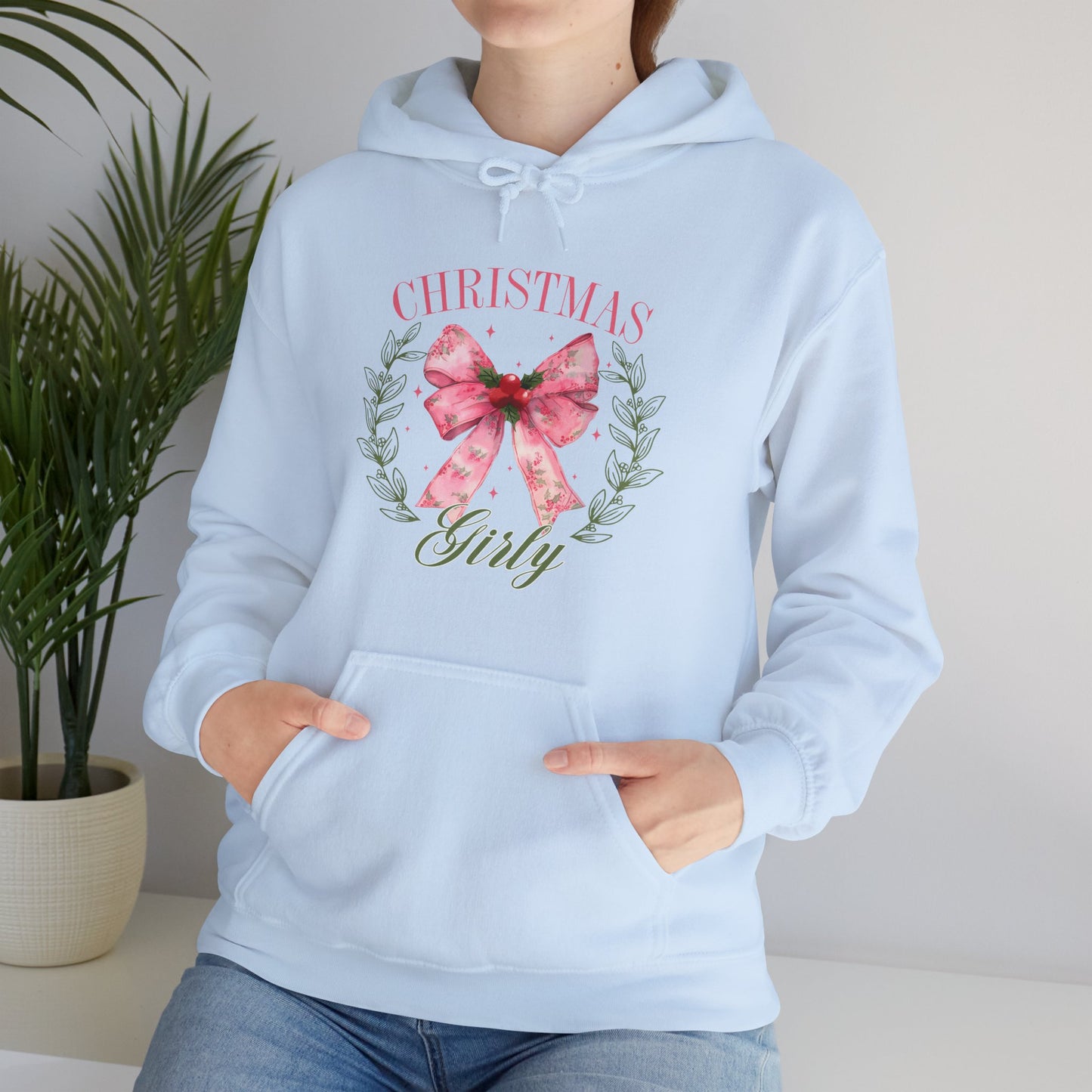 Christmas Girly Hoodie – Pink Bow Wreath Holiday Sweatshirt