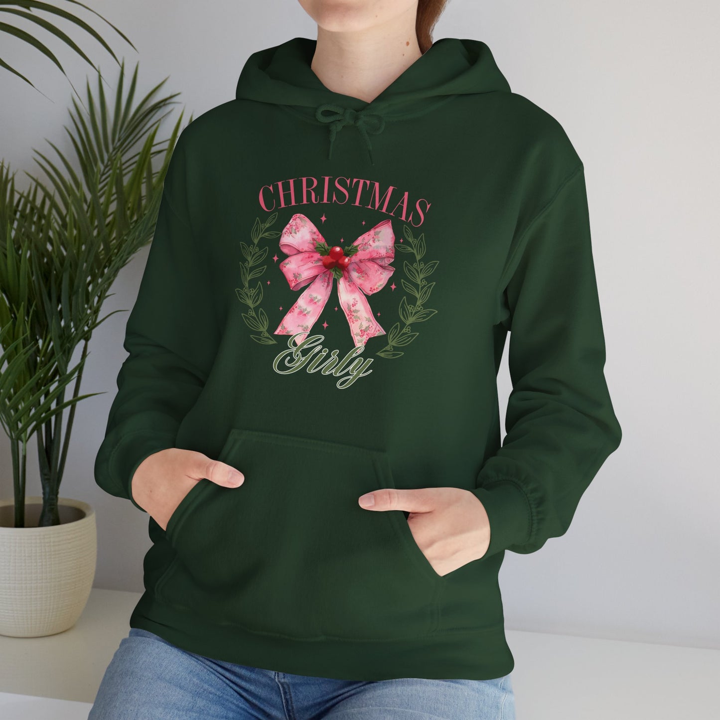 Christmas Girly Hoodie – Pink Bow Wreath Holiday Sweatshirt