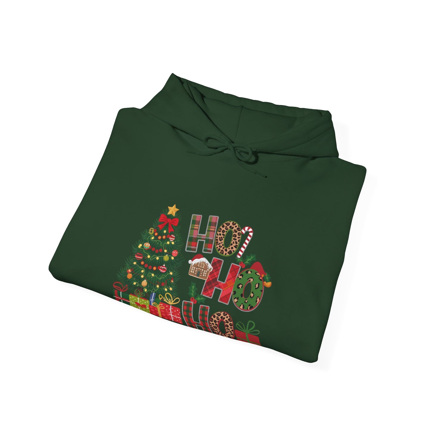 Christmas 'Ho Ho Ho' Hoodie with Tree & Gifts - Festive Holiday Sweatshirt