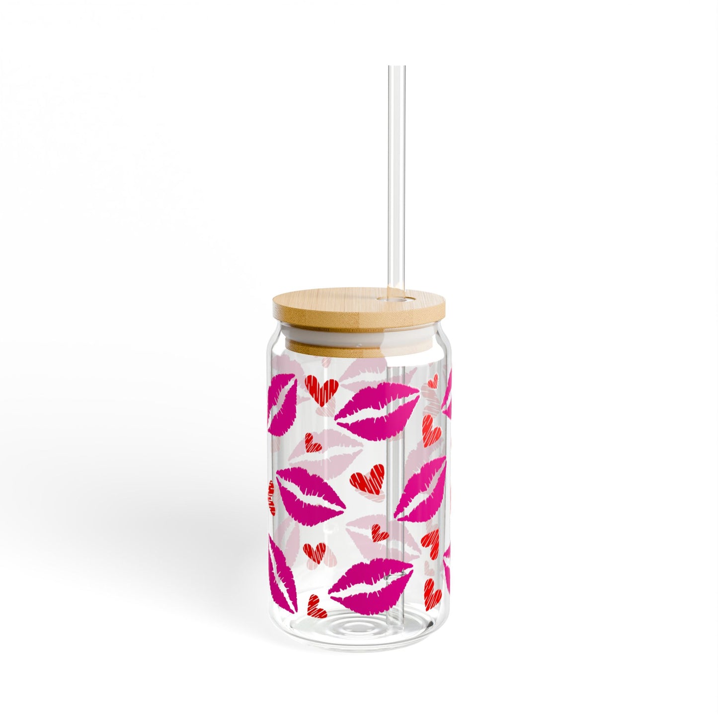 Kiss Print 16oz Sipper Glass with Straw – Cute Lip & Hearts Cold Drink Tumbler