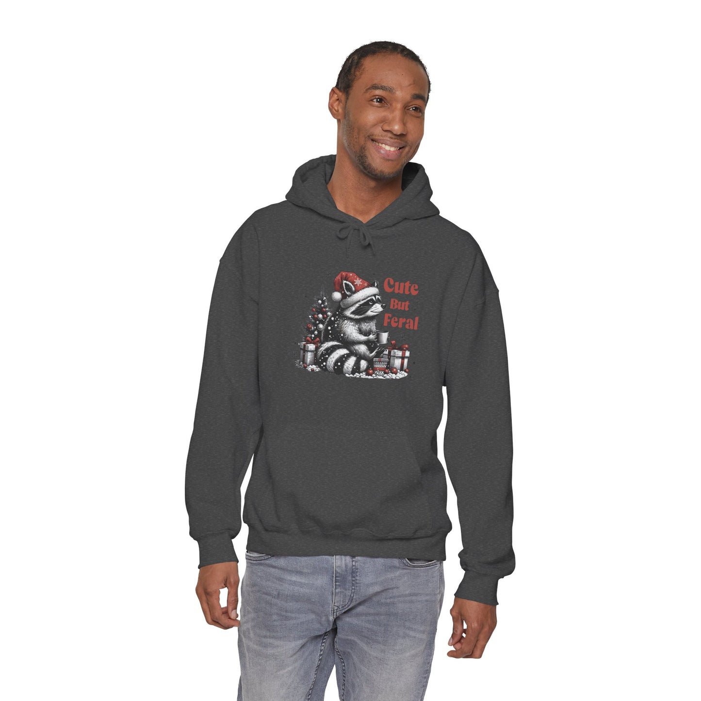 Cute But Feral Raccoon Holiday Hoodie — Christmas Animal Graphic Sweatshirt