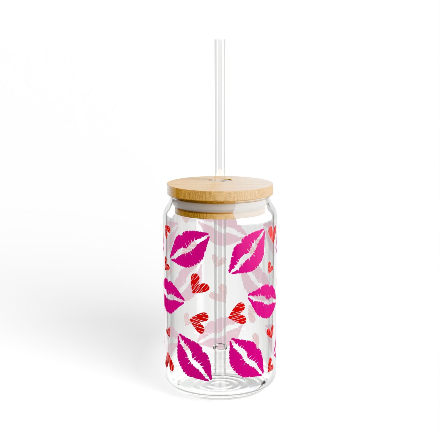 Kiss Print 16oz Sipper Glass with Straw – Cute Lip & Hearts Cold Drink Tumbler