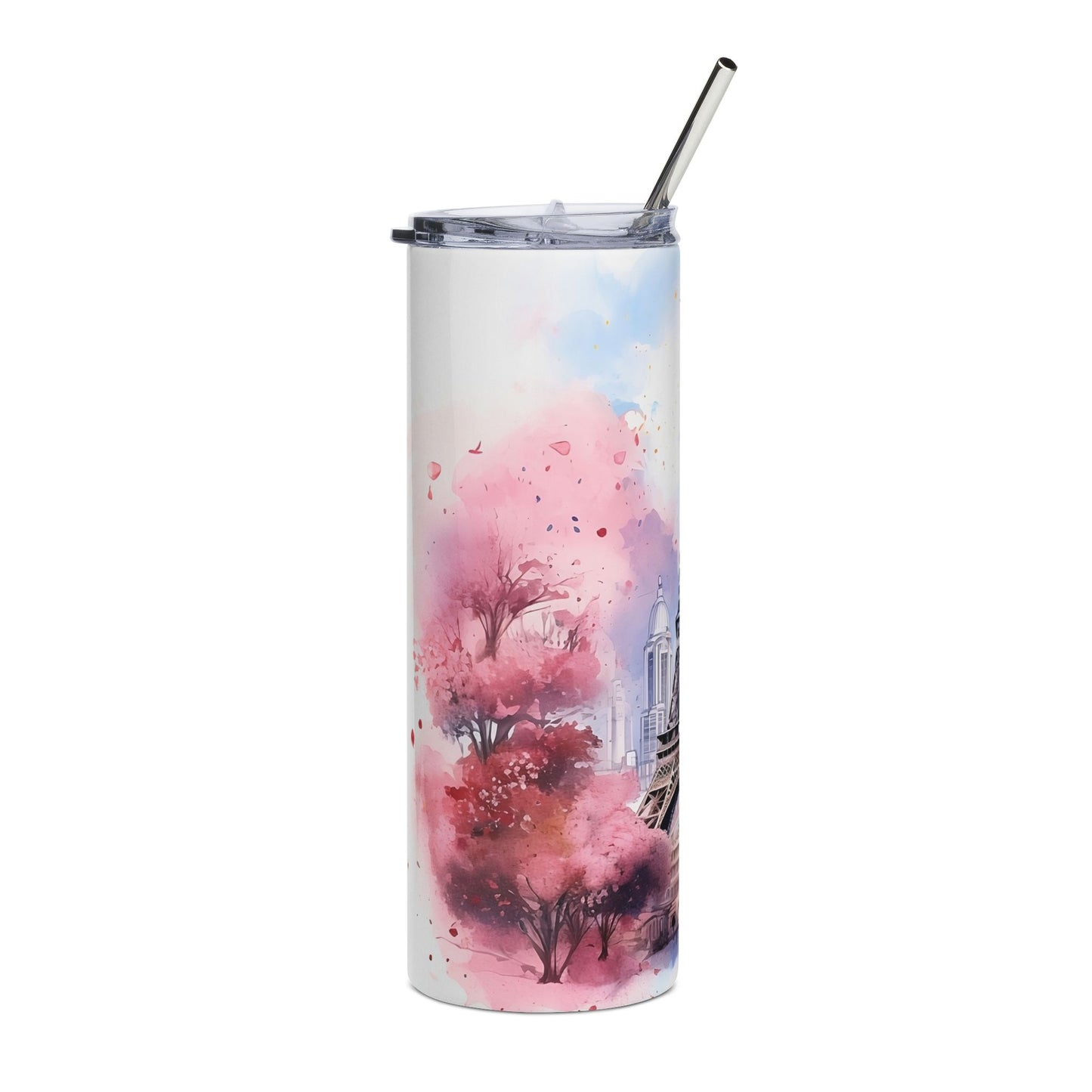 Paris Eiffel Tower 20oz Stainless Steel Tumbler — Watercolor Cherry Blossom Travel Mug