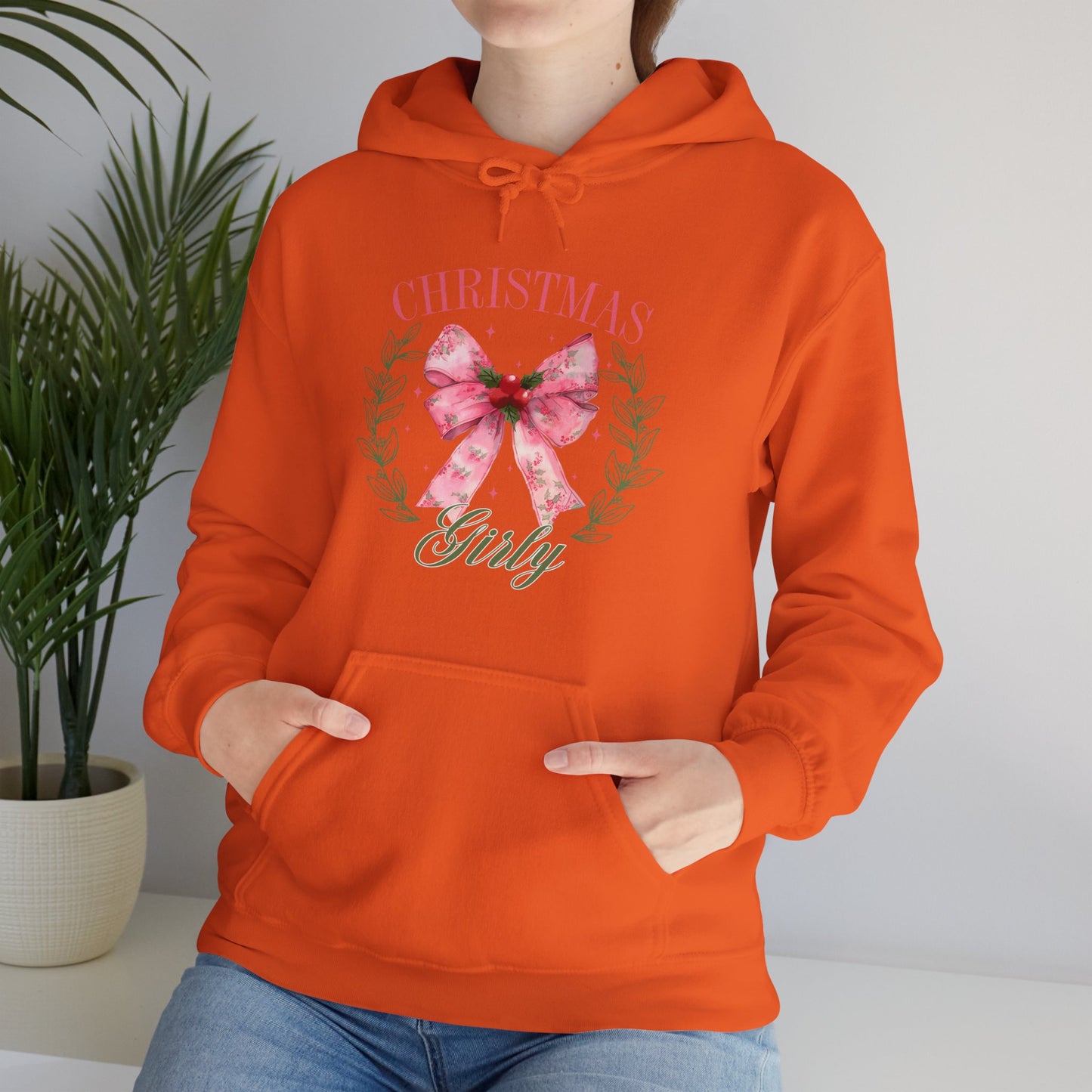 Christmas Girly Hoodie – Pink Bow Wreath Holiday Sweatshirt