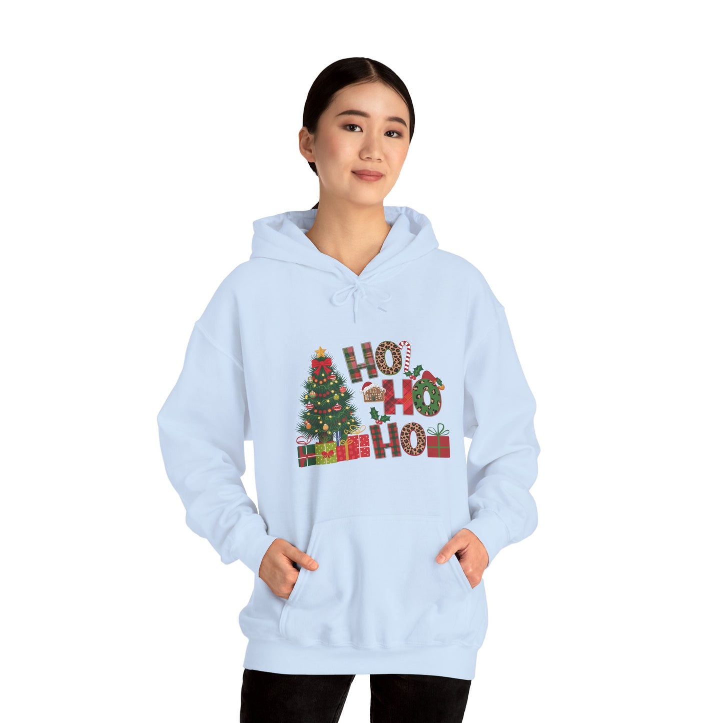 Christmas 'Ho Ho Ho' Hoodie with Tree & Gifts - Festive Holiday Sweatshirt