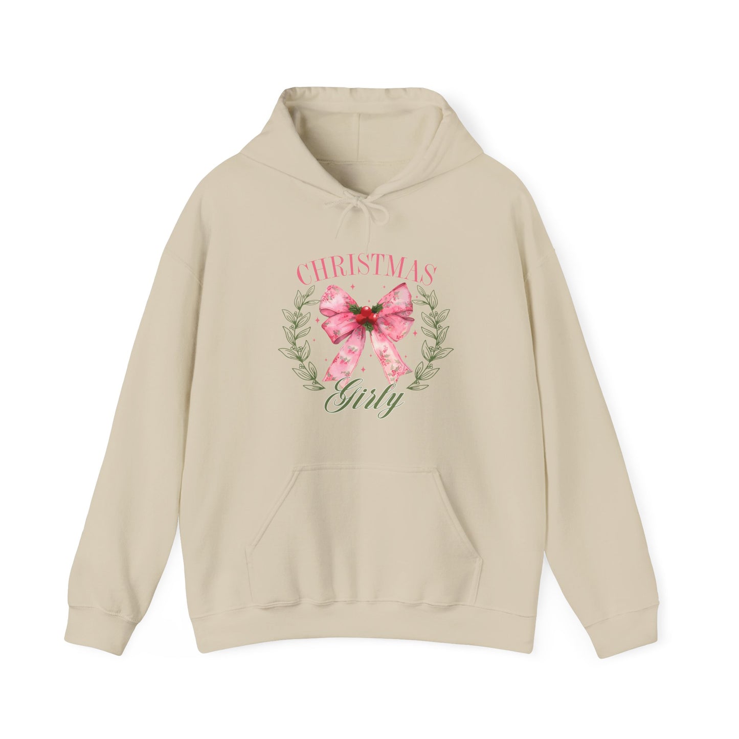 Christmas Girly Hoodie – Pink Bow Wreath Holiday Sweatshirt