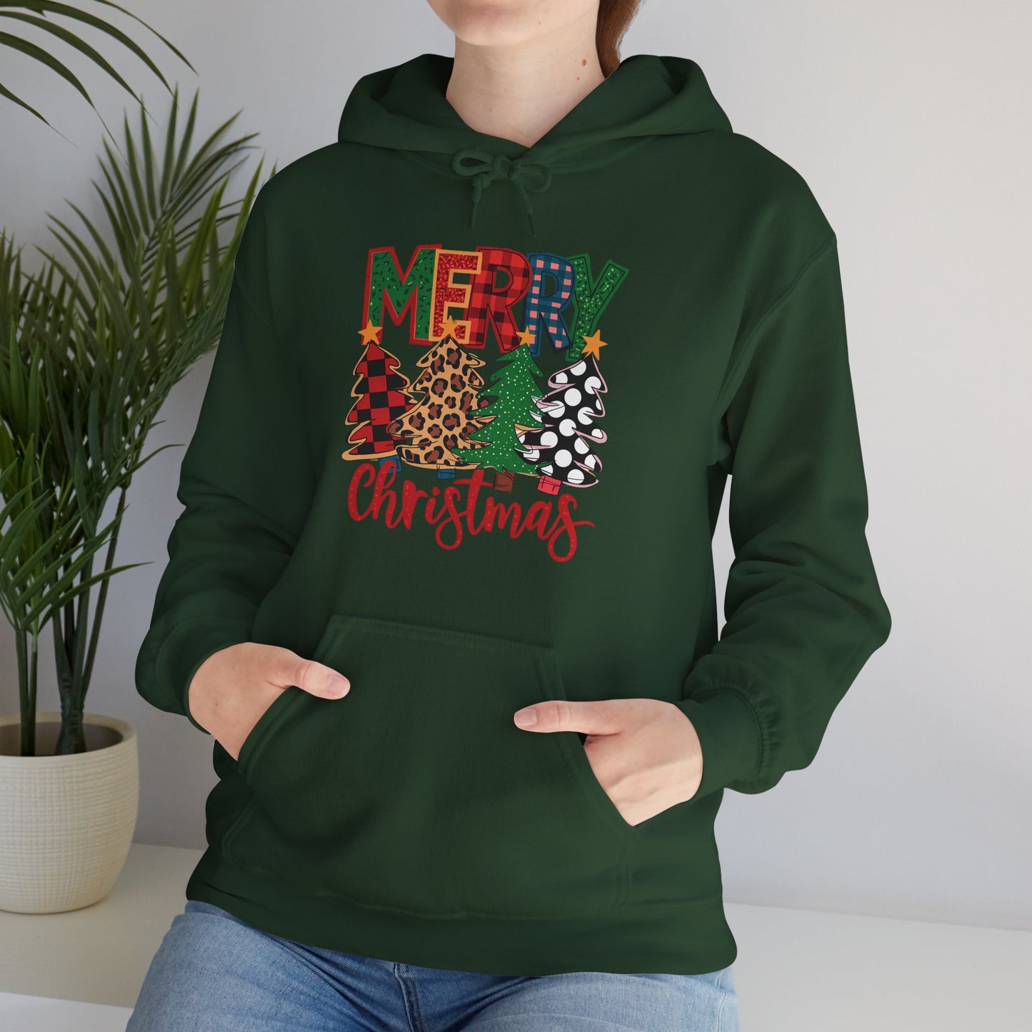 Merry Christmas Pine Tree Hoodie — Festive Buffalo Plaid Holiday Sweatshirt