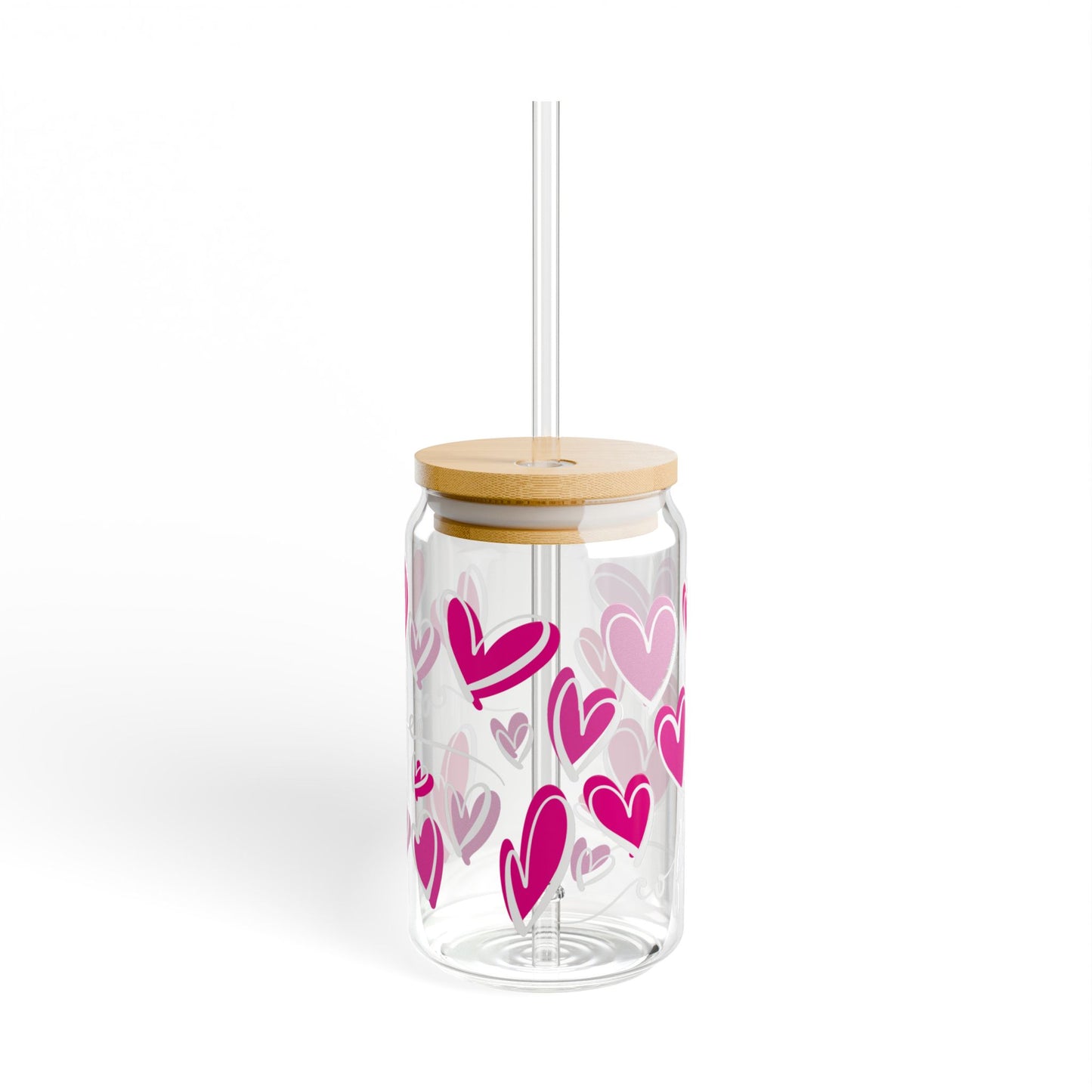 16oz Heart Pattern Sipper Glass with Bamboo Lid & Straw — Pink Valentine Drink Tumbler
