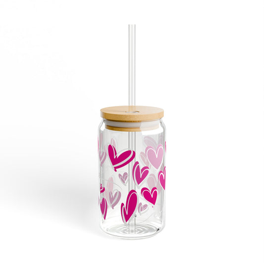 16oz Heart Pattern Sipper Glass with Bamboo Lid & Straw — Pink Valentine Drink Tumbler