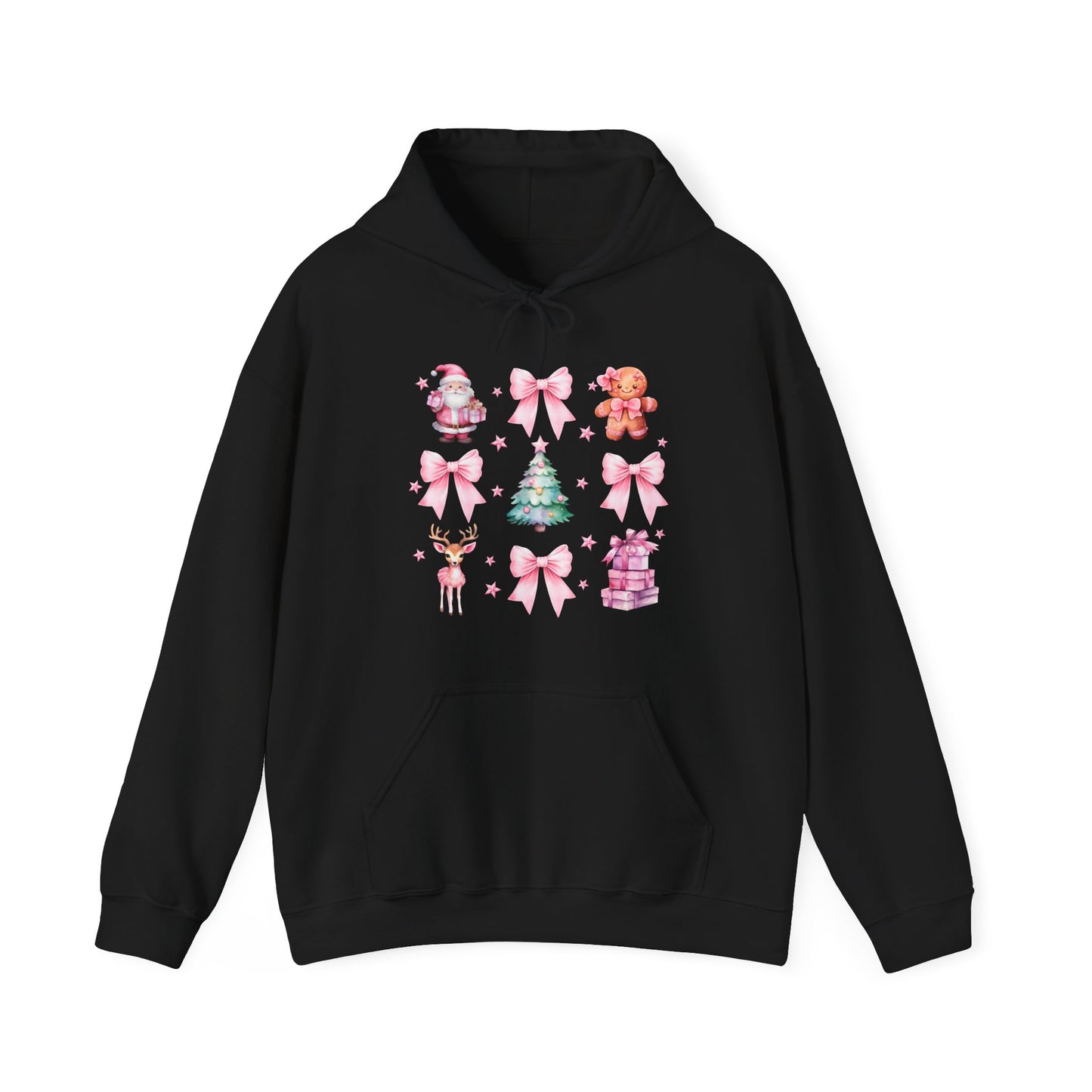 Christmas Graphic Hoodie — Pink Holiday Icons (Santa, Tree, Gingerbread, Bows)