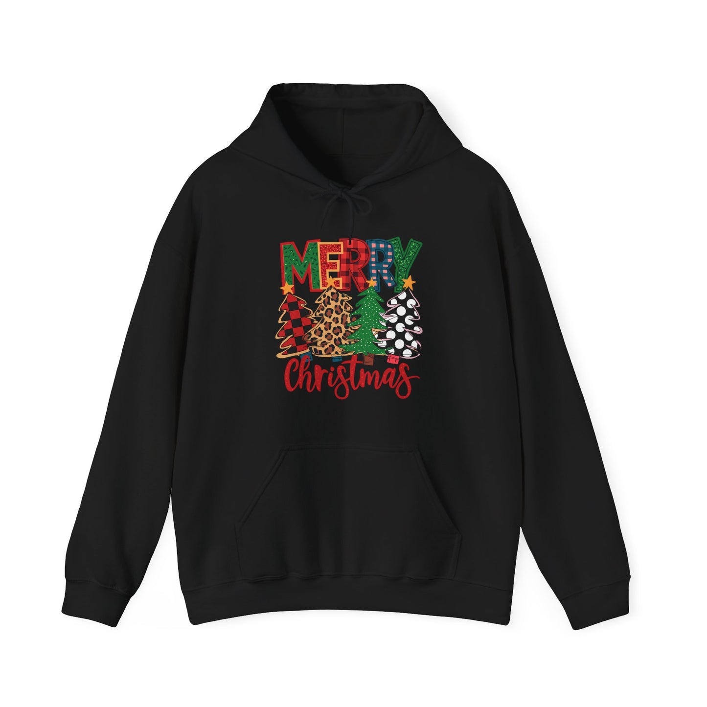 Merry Christmas Pine Tree Hoodie — Festive Buffalo Plaid Holiday Sweatshirt