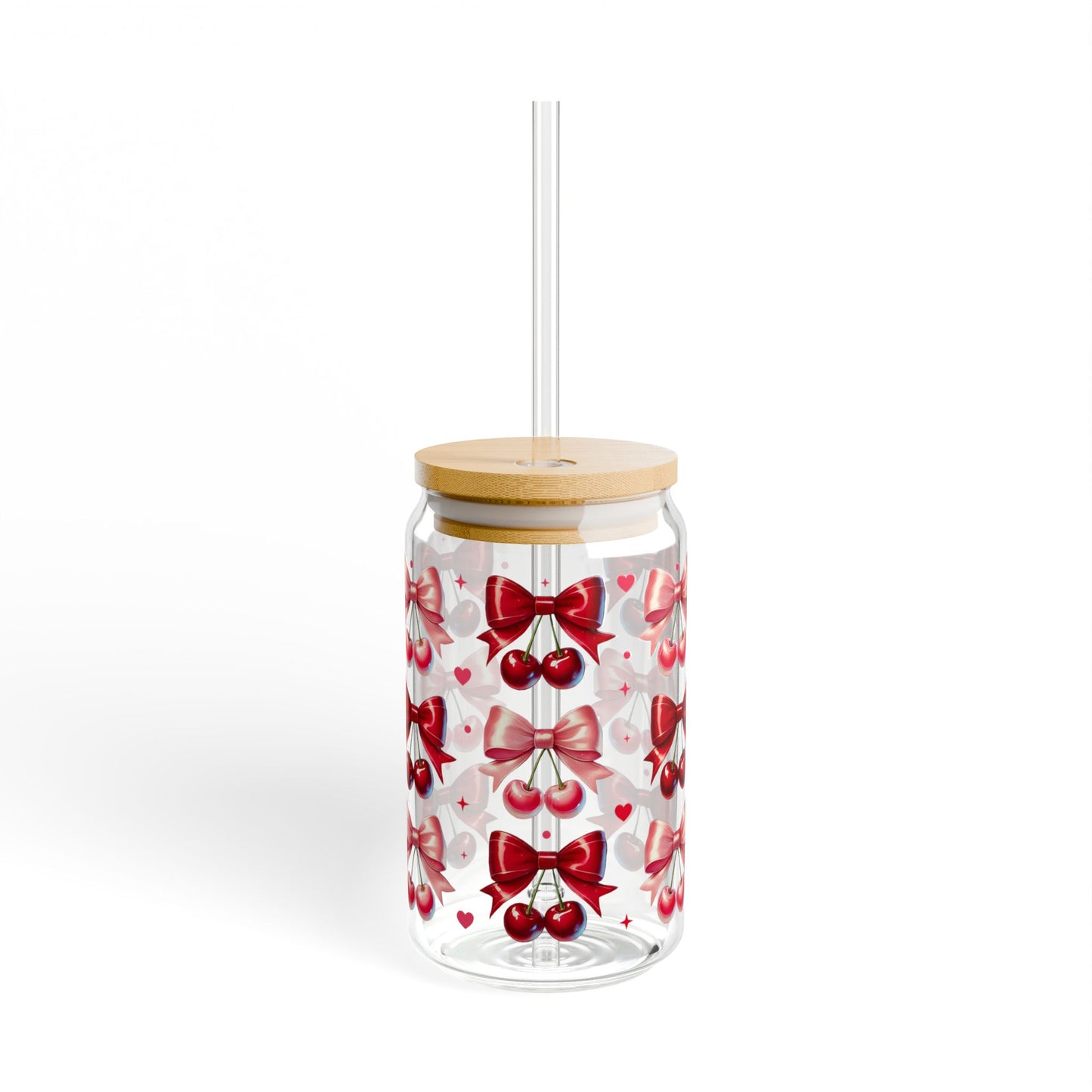 16oz Glass Sipper with Red Bow & Hearts — Valentines Straw Tumbler