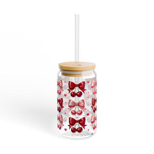 16oz Glass Sipper with Red Bow & Hearts — Valentines Straw Tumbler