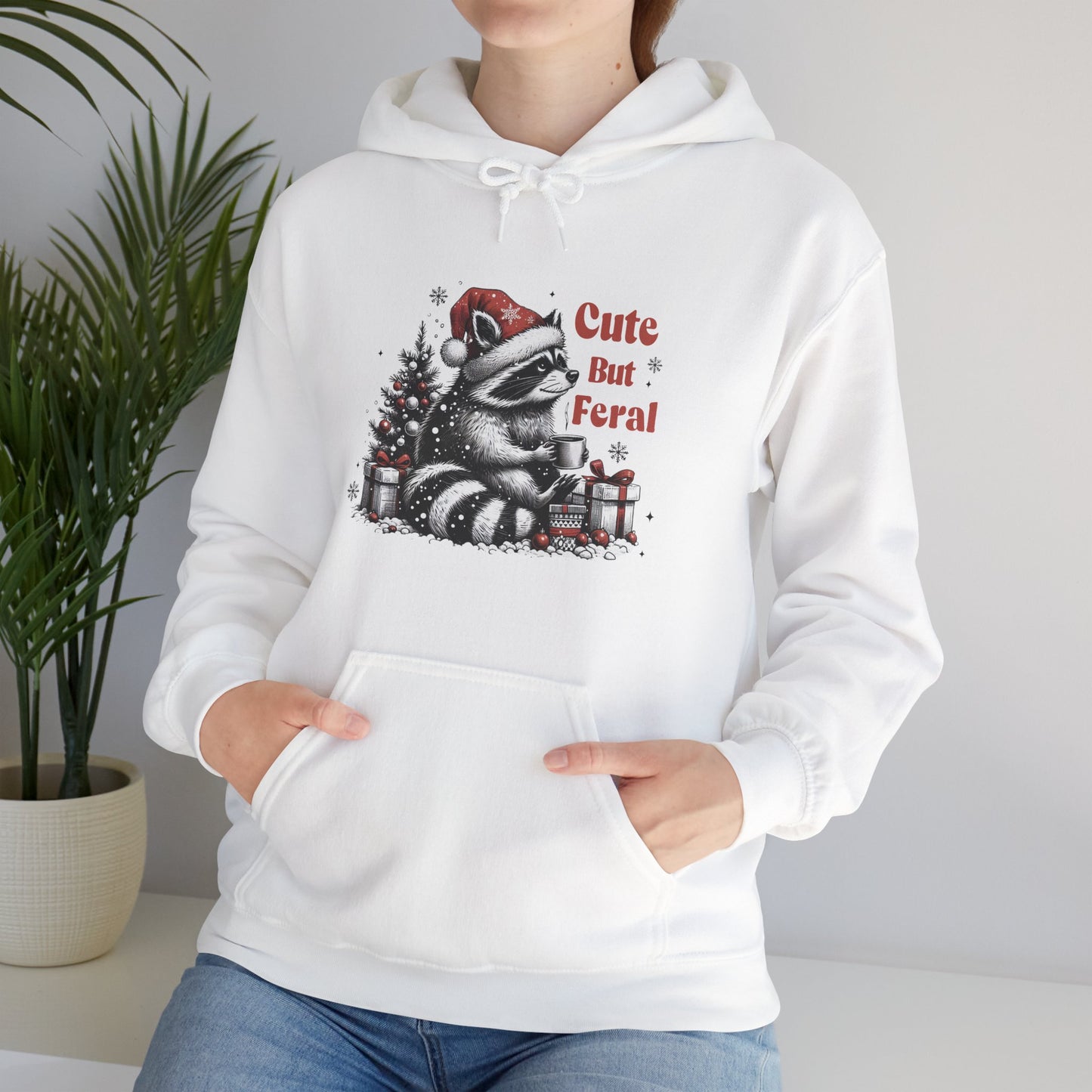 Cute But Feral Raccoon Holiday Hoodie — Christmas Animal Graphic Sweatshirt