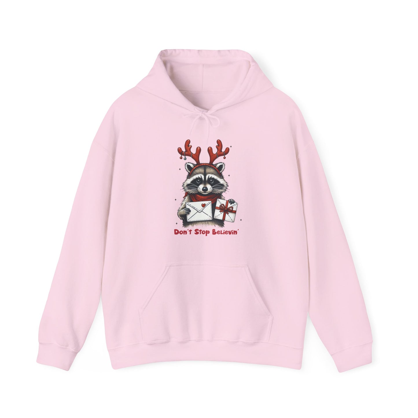 Christmas Raccoon Hoodie — 'Don't Stop Believin'' Festive Holiday Sweatshirt