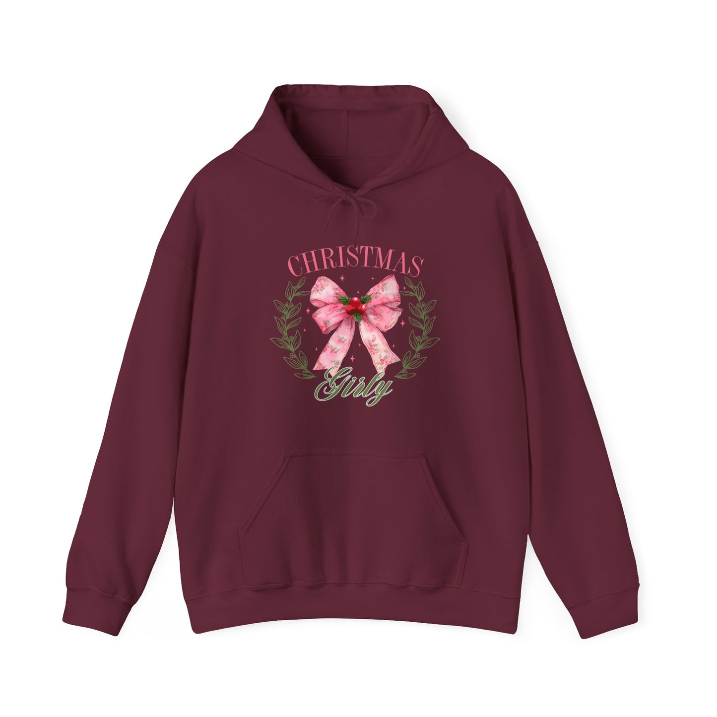 Christmas Girly Hoodie – Pink Bow Wreath Holiday Sweatshirt