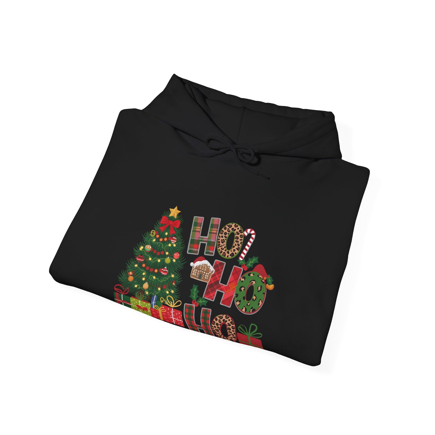 Christmas 'Ho Ho Ho' Hoodie with Tree & Gifts - Festive Holiday Sweatshirt