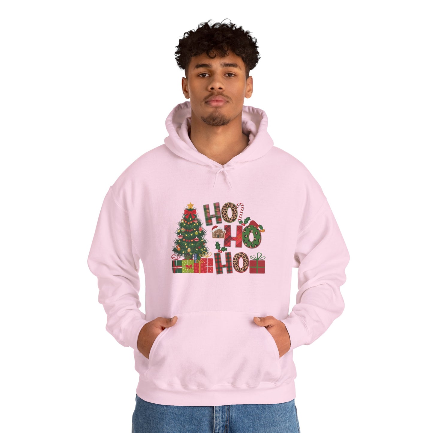 Christmas 'Ho Ho Ho' Hoodie with Tree & Gifts - Festive Holiday Sweatshirt