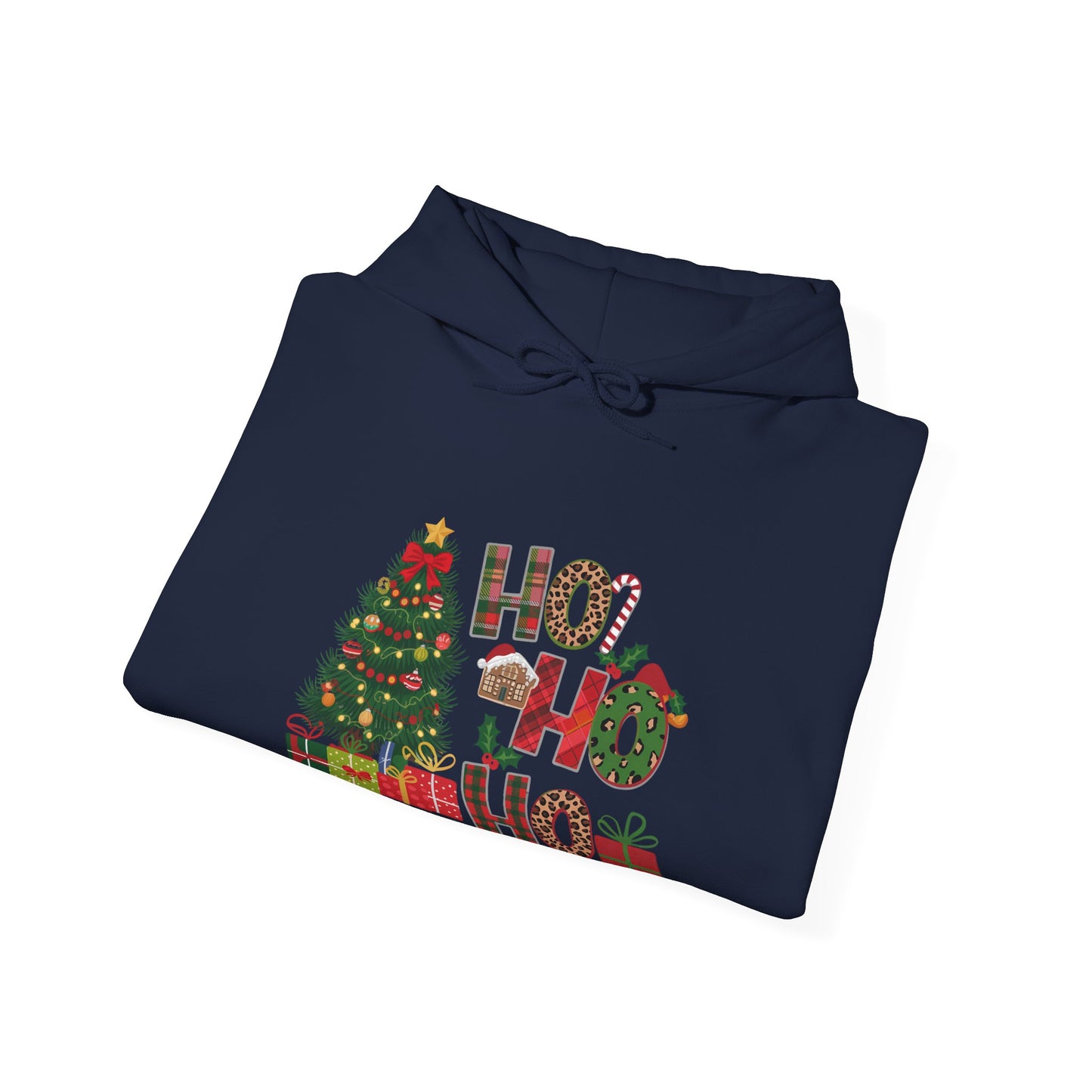 Christmas 'Ho Ho Ho' Hoodie with Tree & Gifts - Festive Holiday Sweatshirt