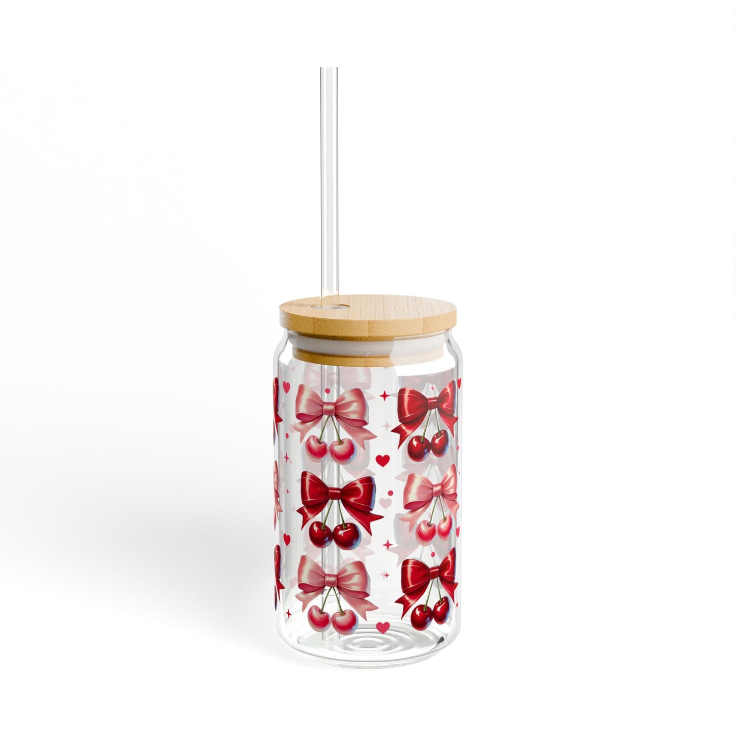 16oz Glass Sipper with Red Bow & Hearts — Valentines Straw Tumbler
