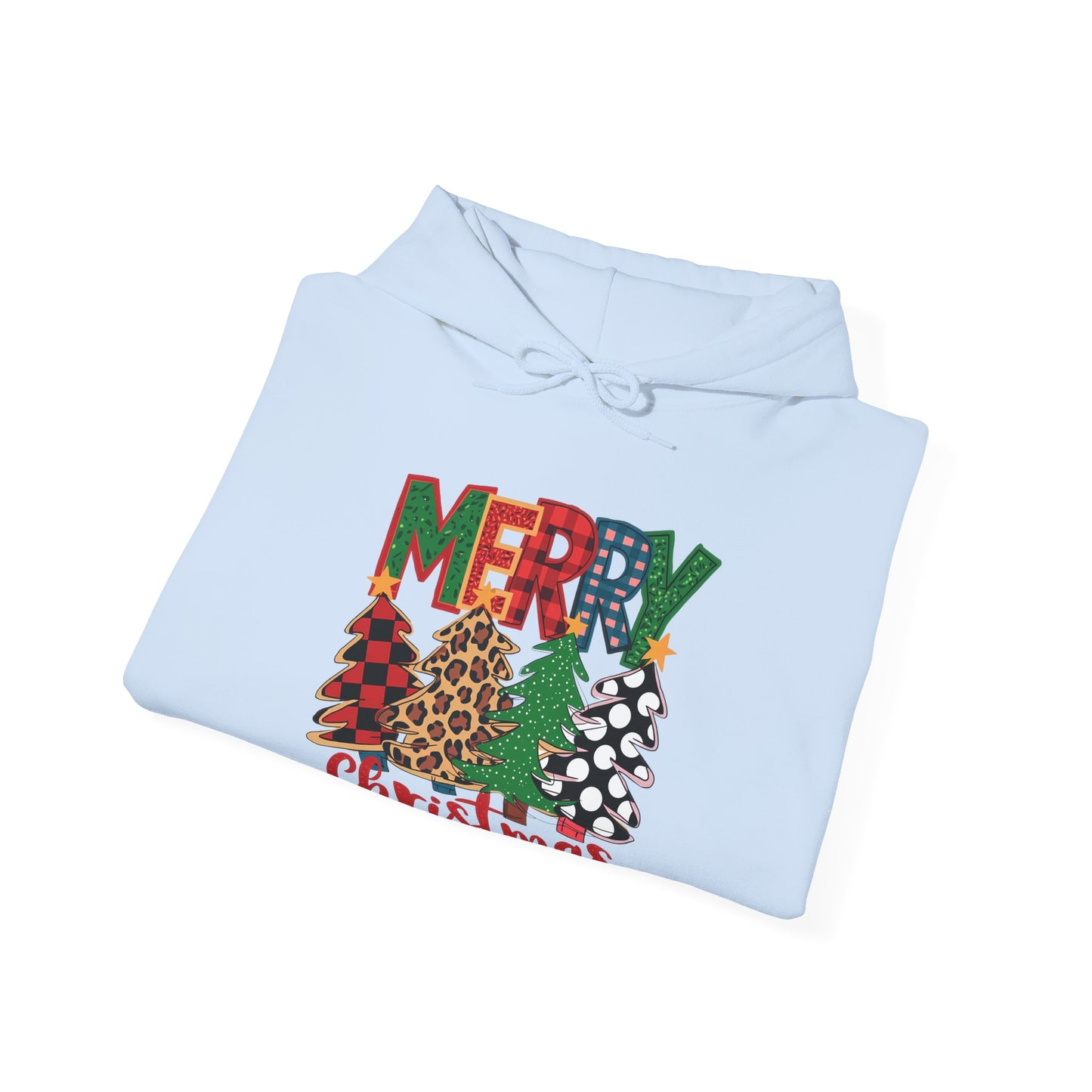 Merry Christmas Pine Tree Hoodie — Festive Buffalo Plaid Holiday Sweatshirt
