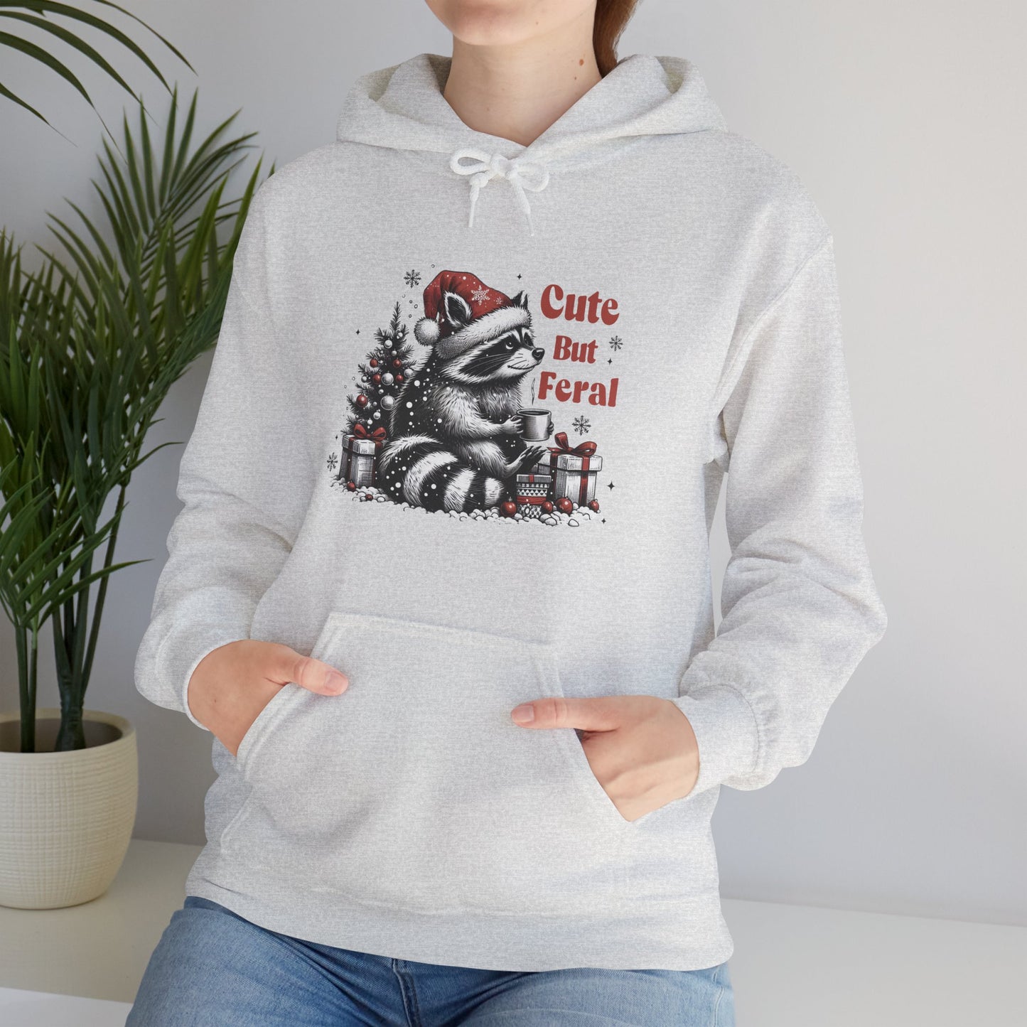 Cute But Feral Raccoon Holiday Hoodie — Christmas Animal Graphic Sweatshirt