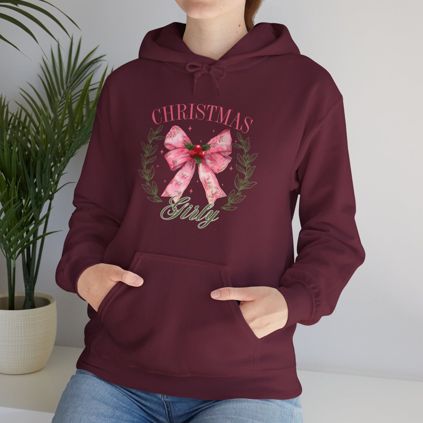Christmas Girly Hoodie – Pink Bow Wreath Holiday Sweatshirt