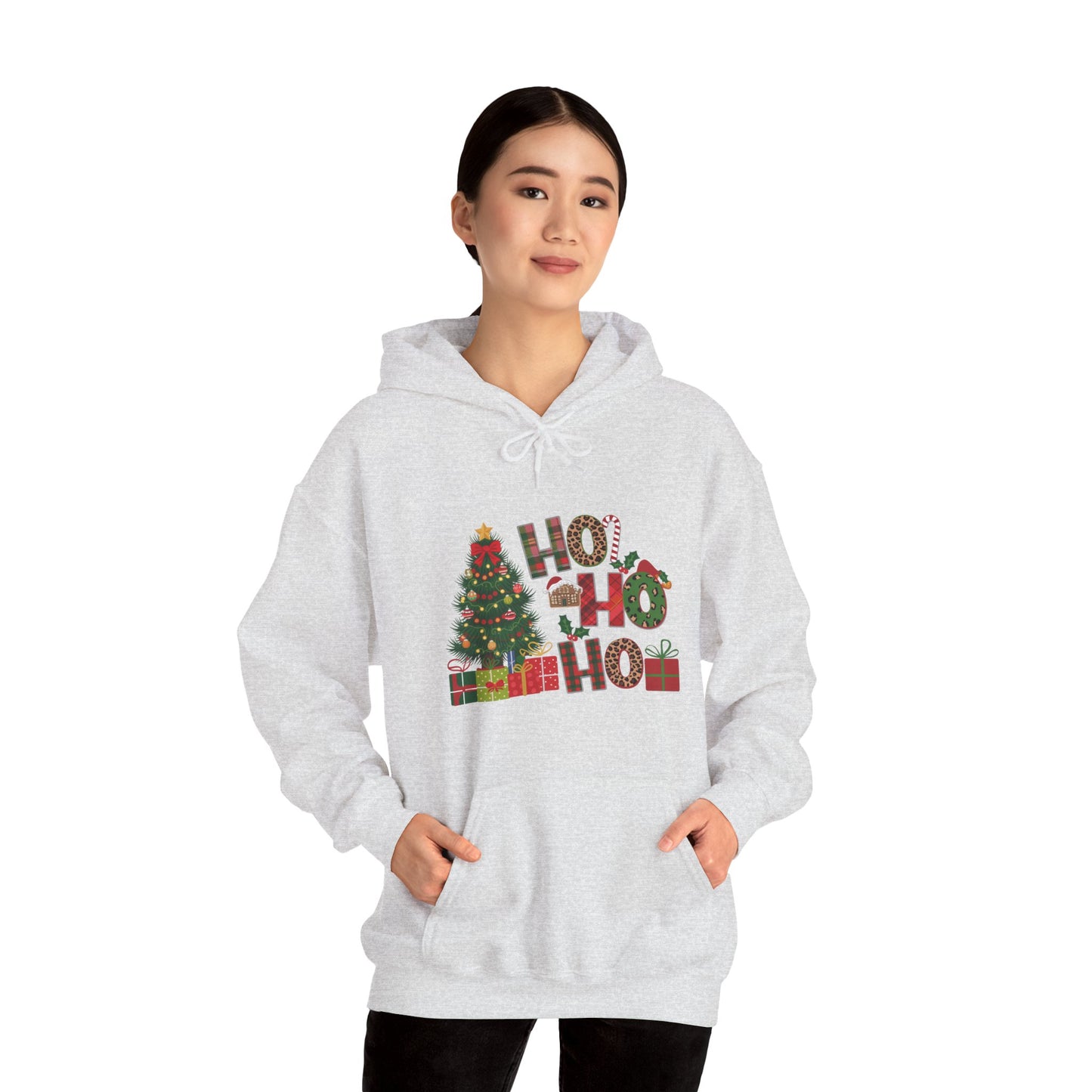 Christmas 'Ho Ho Ho' Hoodie with Tree & Gifts - Festive Holiday Sweatshirt