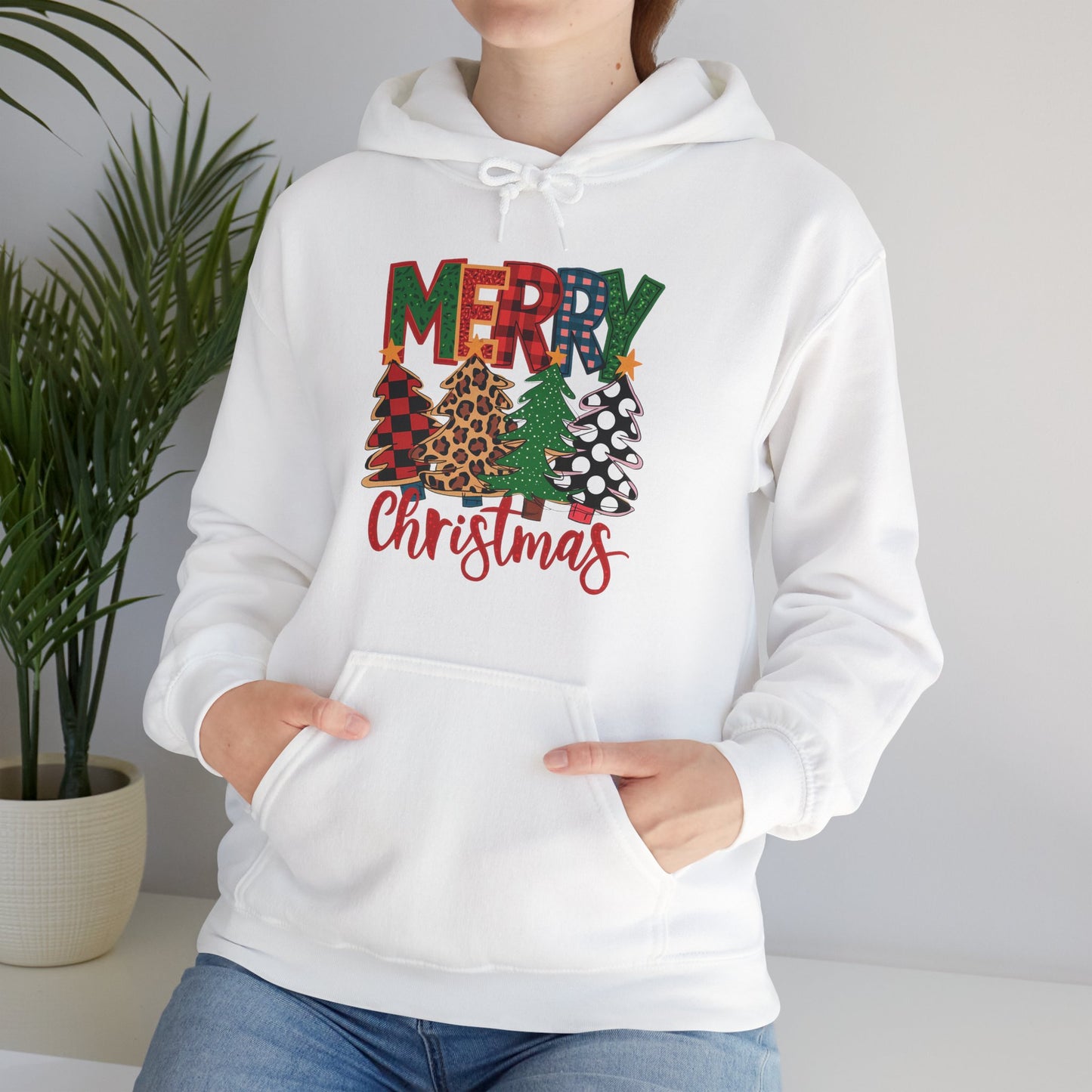 Merry Christmas Pine Tree Hoodie — Festive Buffalo Plaid Holiday Sweatshirt