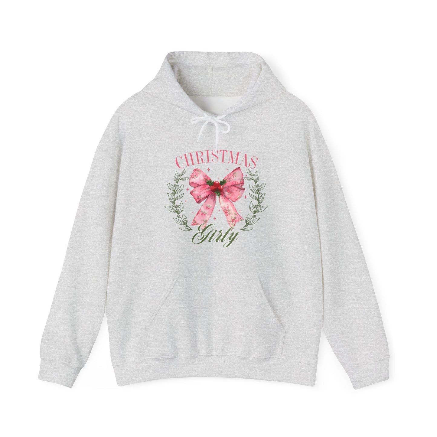 Christmas Girly Hoodie – Pink Bow Wreath Holiday Sweatshirt