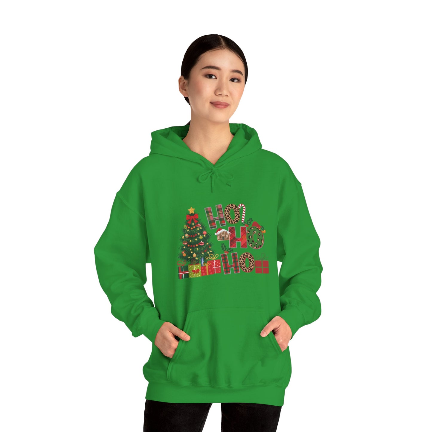 Christmas 'Ho Ho Ho' Hoodie with Tree & Gifts - Festive Holiday Sweatshirt
