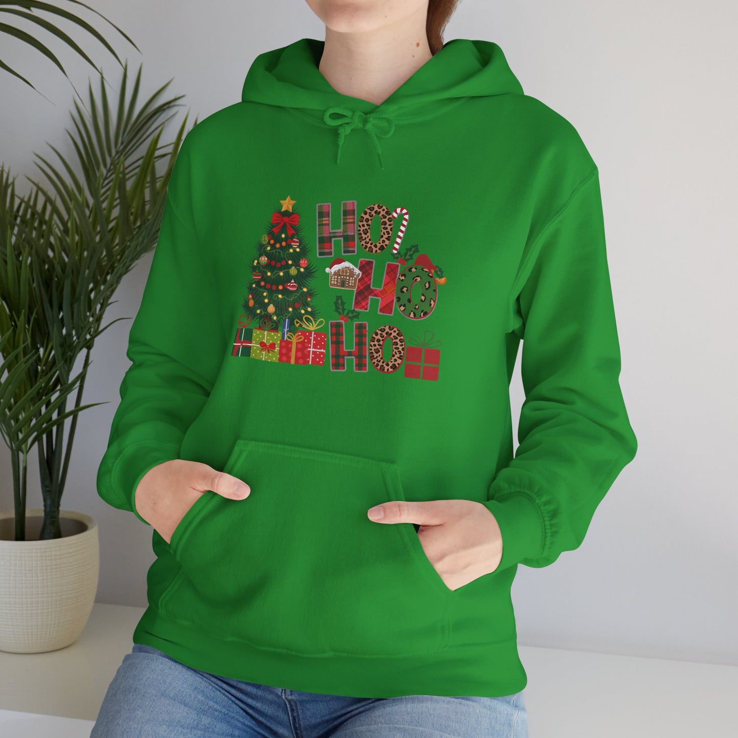 Christmas 'Ho Ho Ho' Hoodie with Tree & Gifts - Festive Holiday Sweatshirt