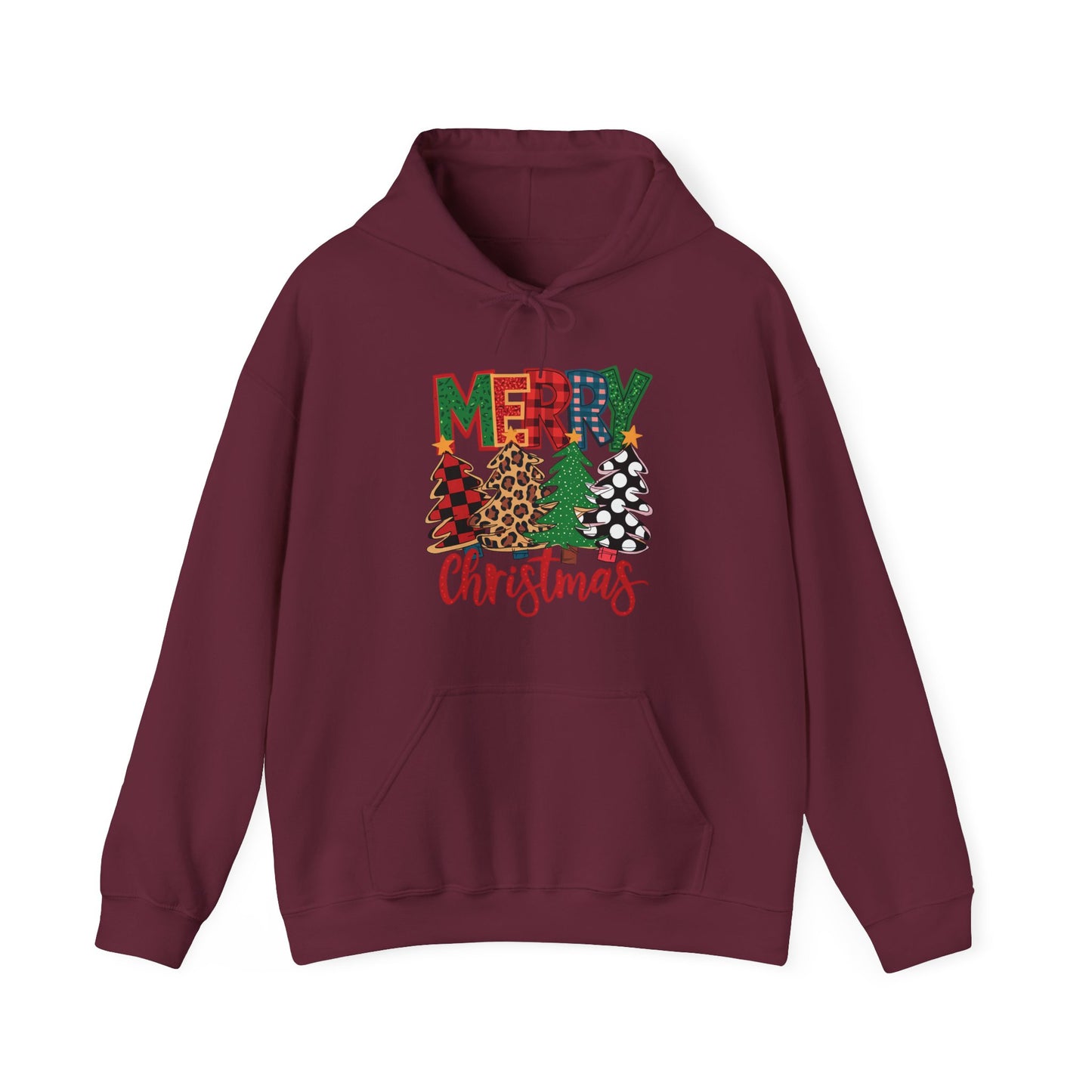 Merry Christmas Pine Tree Hoodie — Festive Buffalo Plaid Holiday Sweatshirt