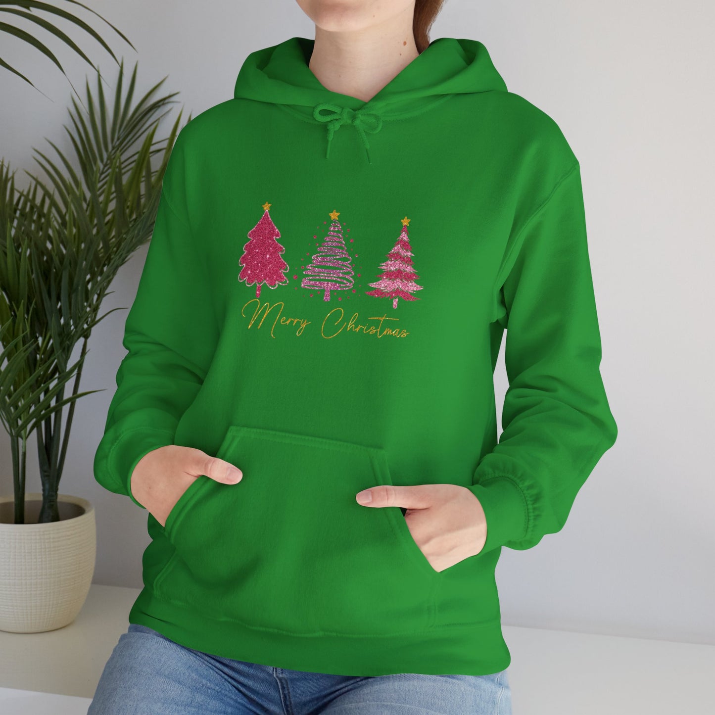 Christmas Pink Tree Hoodie — Merry Christmas Script Holiday Sweatshirt