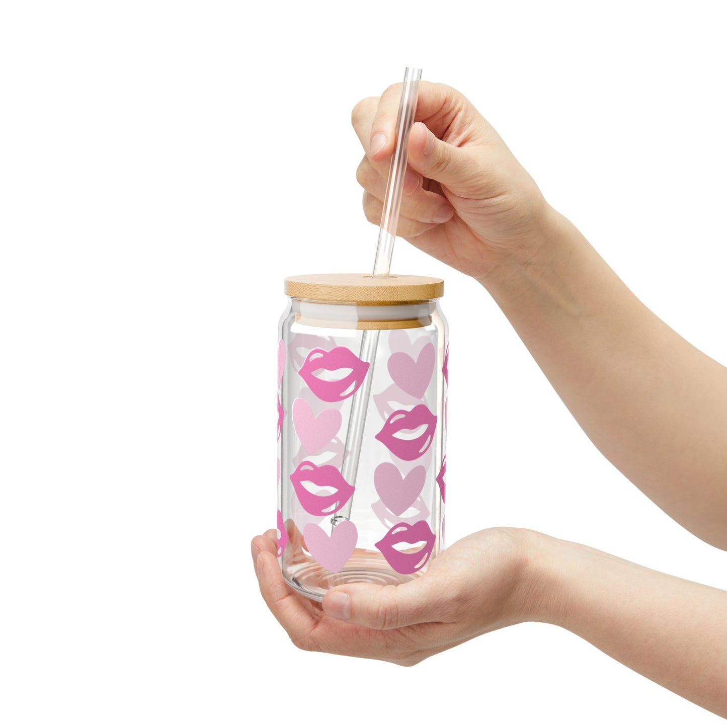 Kiss & Hearts Sipper Glass — 16oz Pink Lip Print Tumbler with Straw