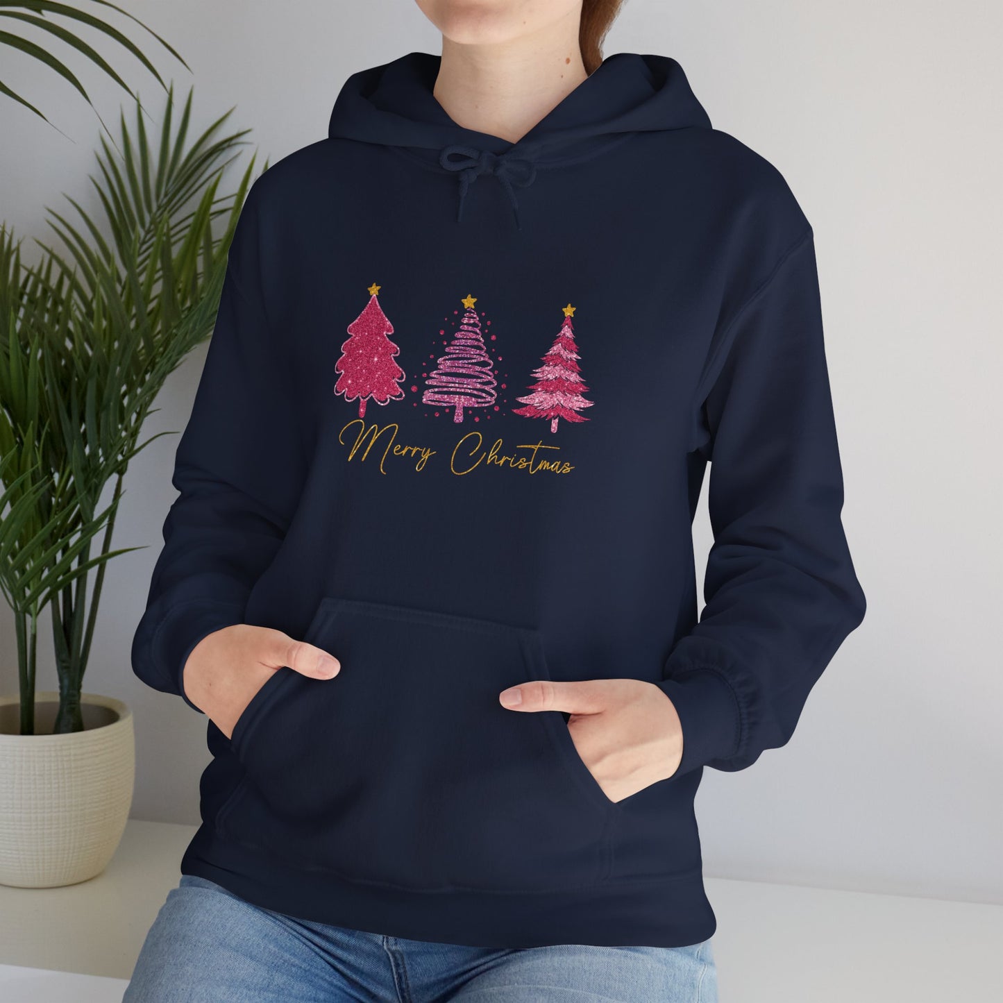 Christmas Pink Tree Hoodie — Merry Christmas Script Holiday Sweatshirt