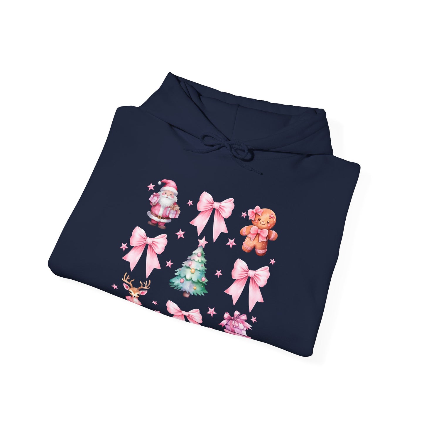 Christmas Graphic Hoodie — Pink Holiday Icons (Santa, Tree, Gingerbread, Bows)