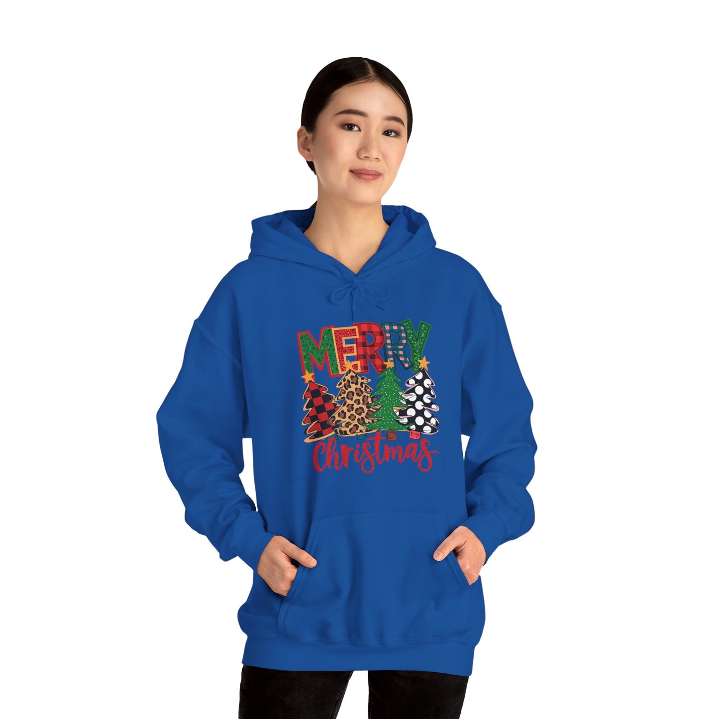 Merry Christmas Pine Tree Hoodie — Festive Buffalo Plaid Holiday Sweatshirt