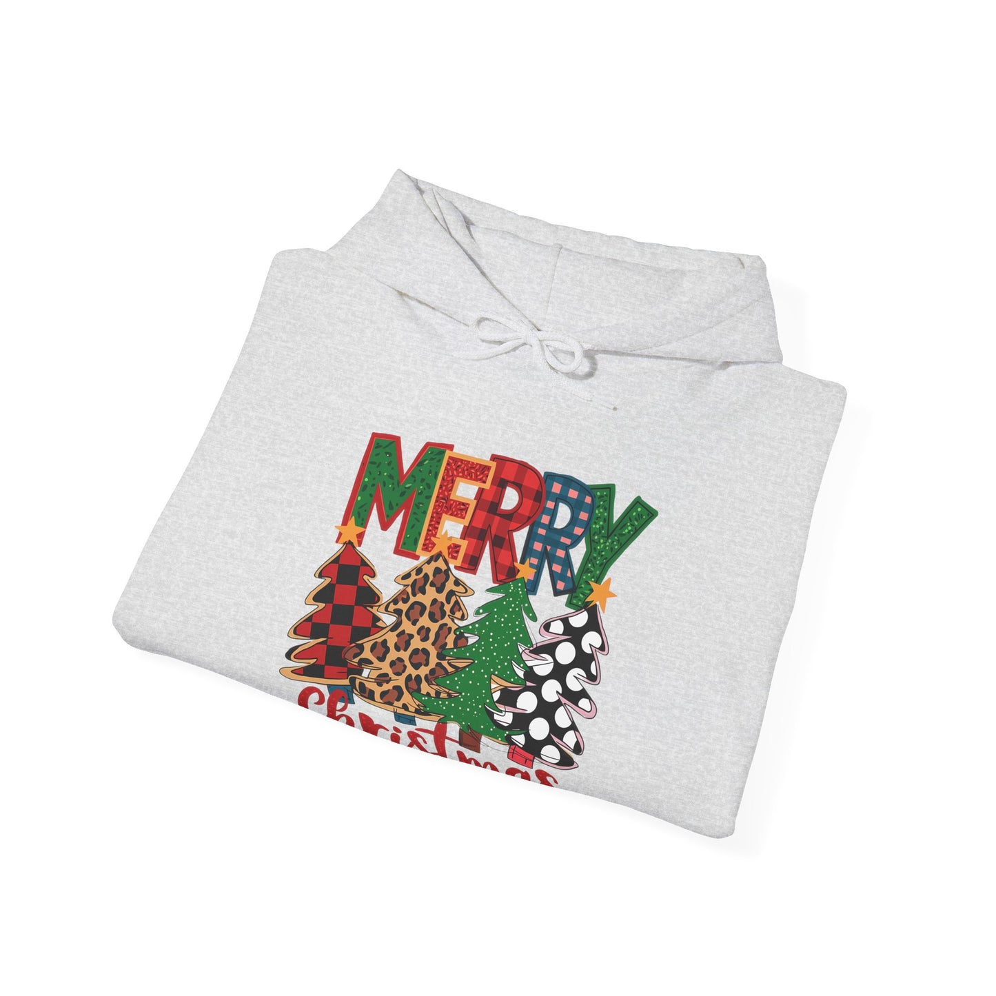 Merry Christmas Pine Tree Hoodie — Festive Buffalo Plaid Holiday Sweatshirt