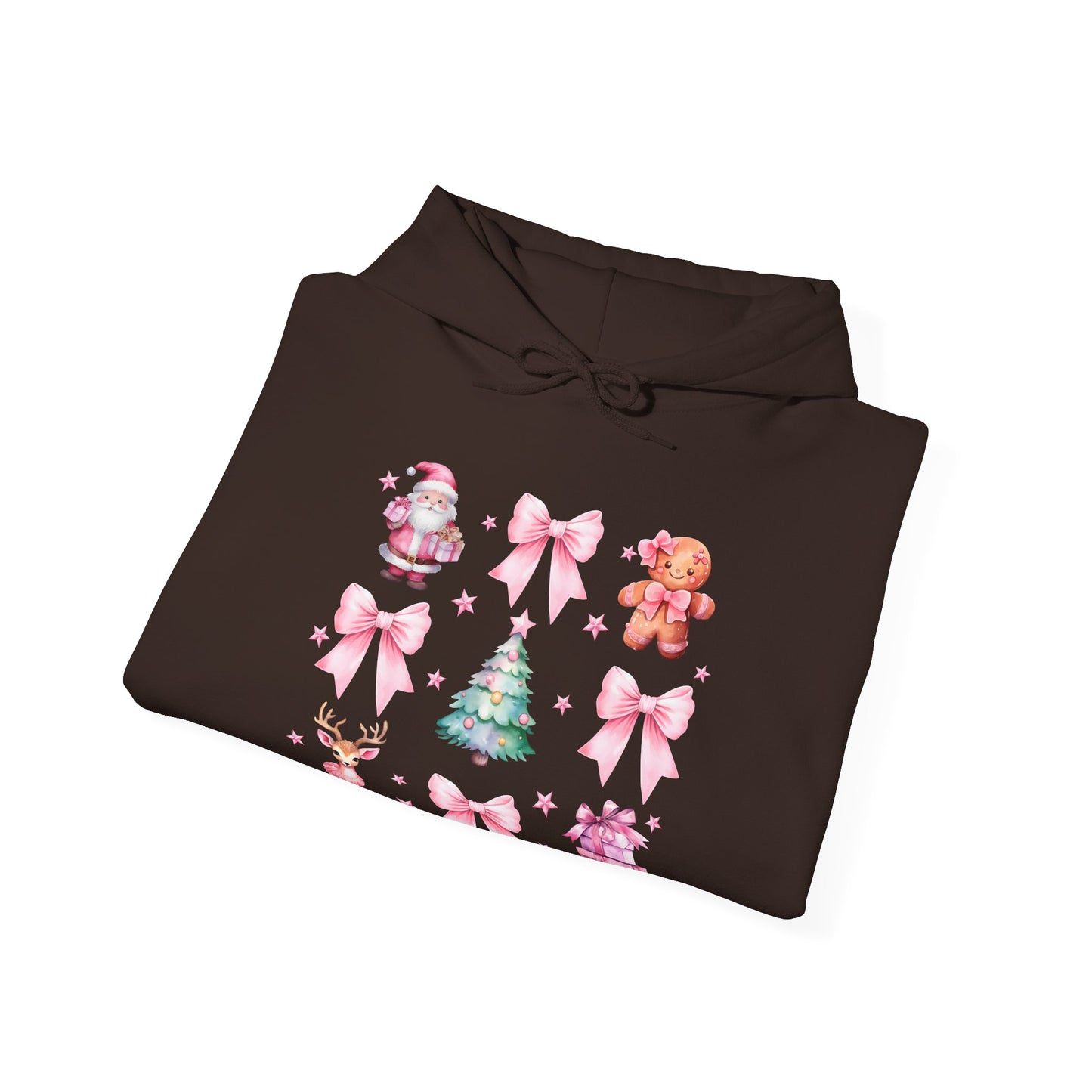 Christmas Graphic Hoodie — Pink Holiday Icons (Santa, Tree, Gingerbread, Bows)