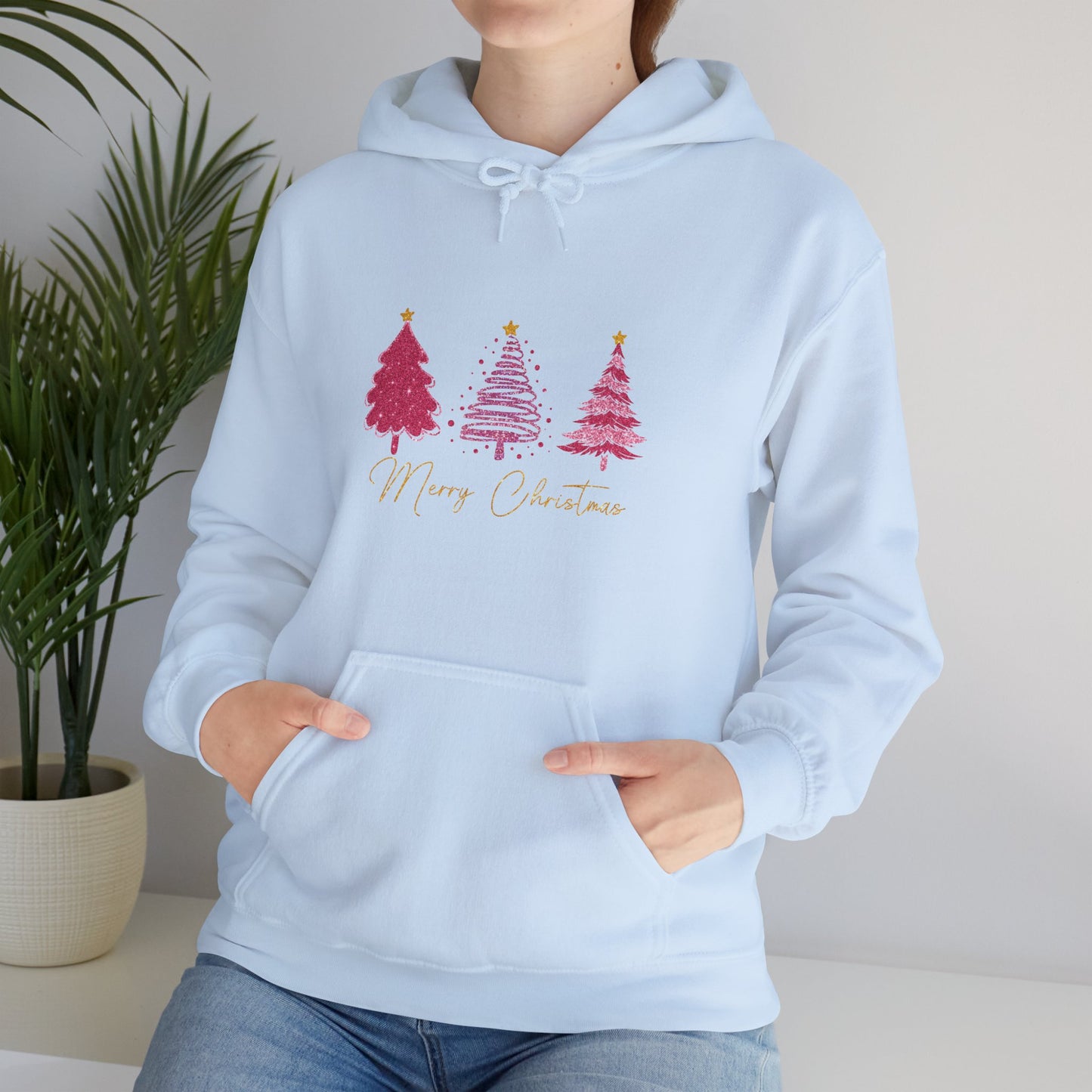 Christmas Pink Tree Hoodie — Merry Christmas Script Holiday Sweatshirt