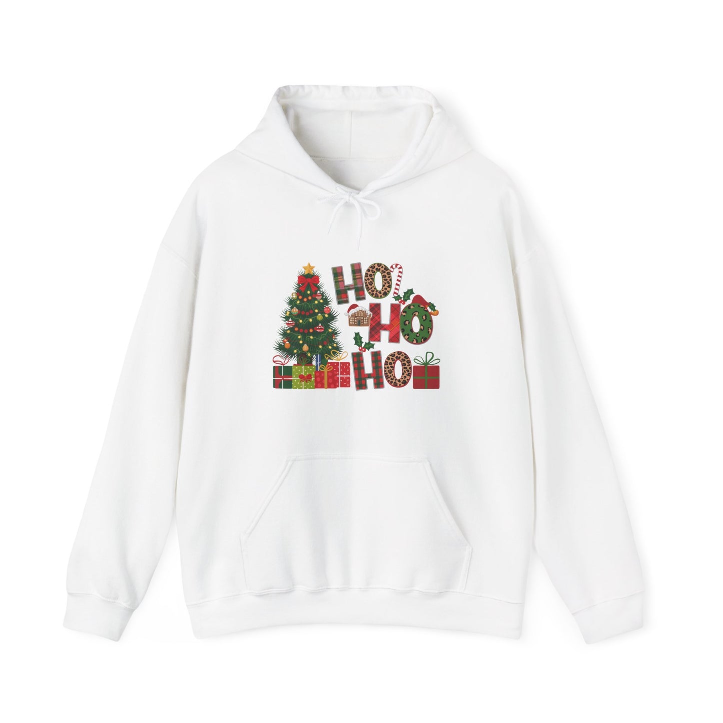 Christmas 'Ho Ho Ho' Hoodie with Tree & Gifts - Festive Holiday Sweatshirt