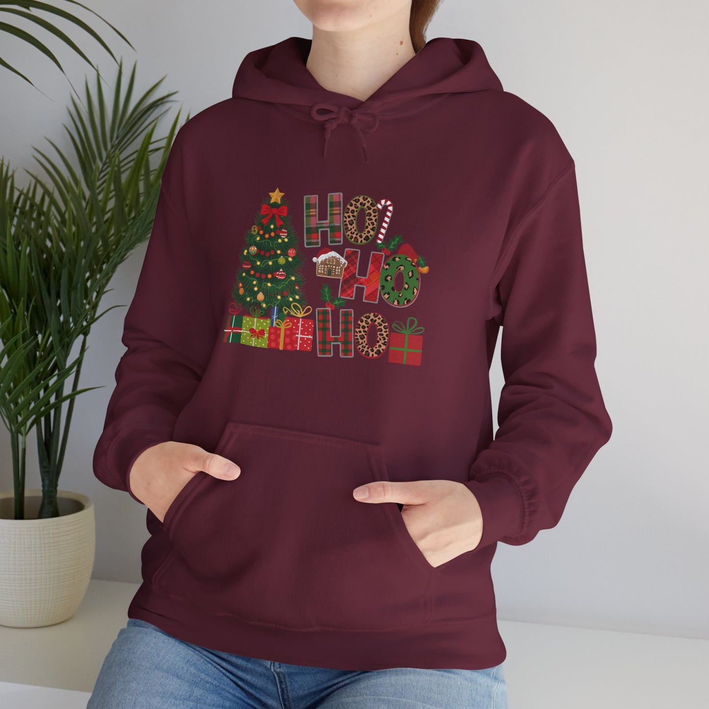 Christmas 'Ho Ho Ho' Hoodie with Tree & Gifts - Festive Holiday Sweatshirt