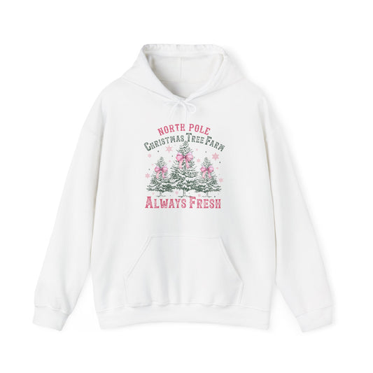 Christmas Tree Farm Hoodie - "North Pole Christmas Tree Farm Always Fresh" Cozy Holiday Pullover
