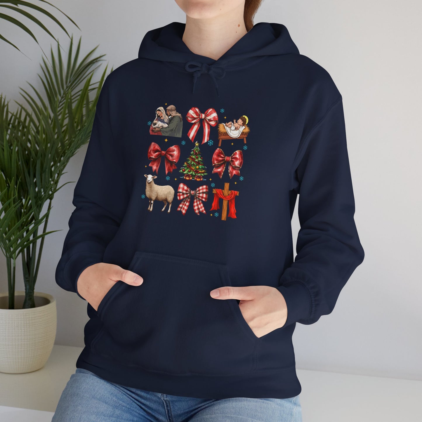 Christmas Bow & Reindeer Hoodie — Festive Holiday Graphic Sweatshirt