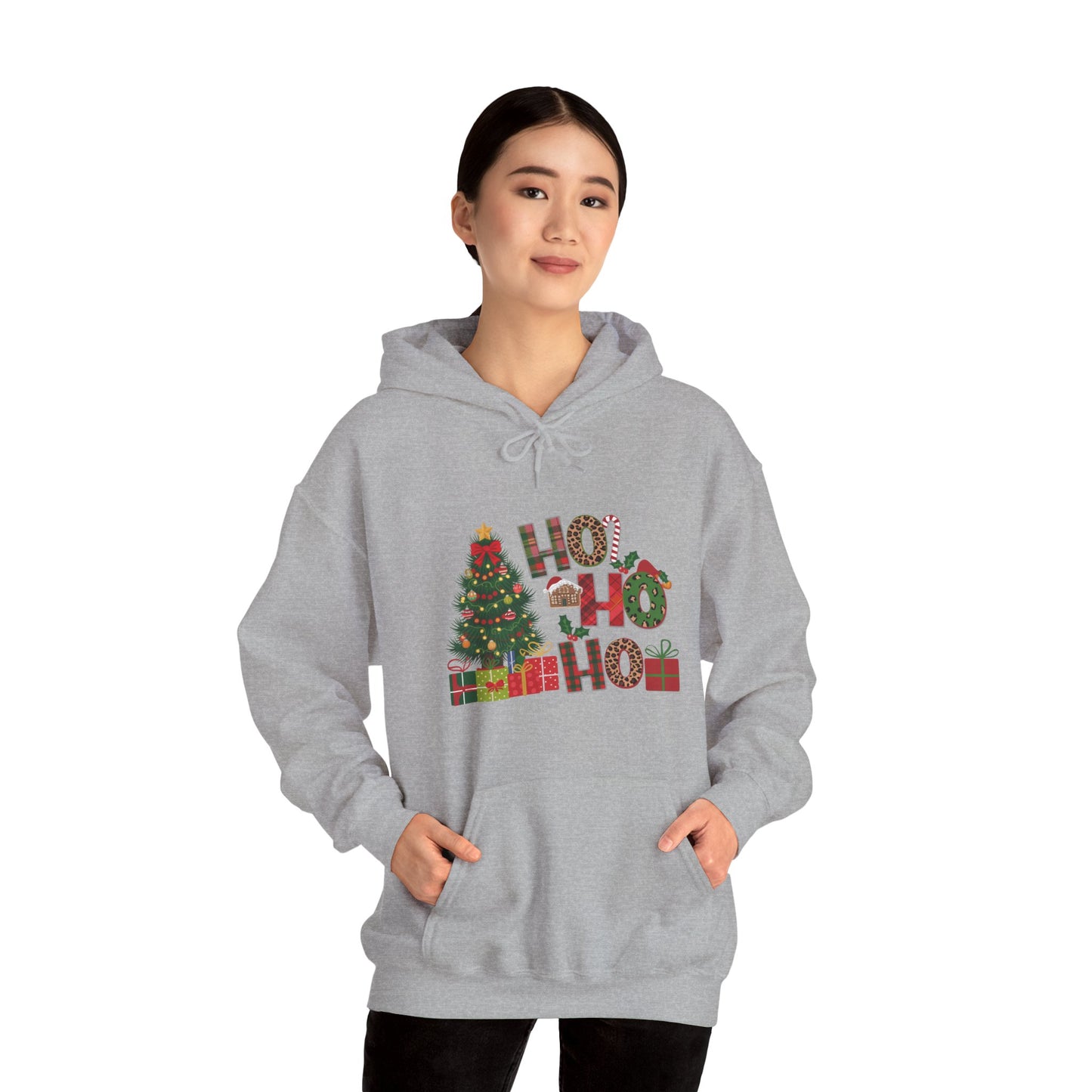 Christmas 'Ho Ho Ho' Hoodie with Tree & Gifts - Festive Holiday Sweatshirt