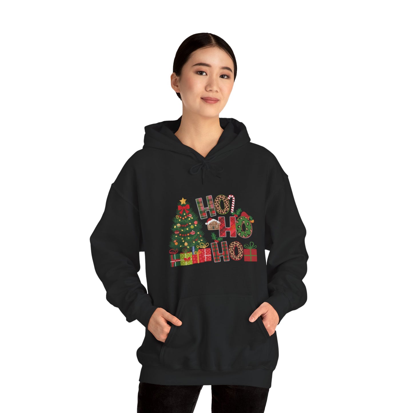 Christmas 'Ho Ho Ho' Hoodie with Tree & Gifts - Festive Holiday Sweatshirt