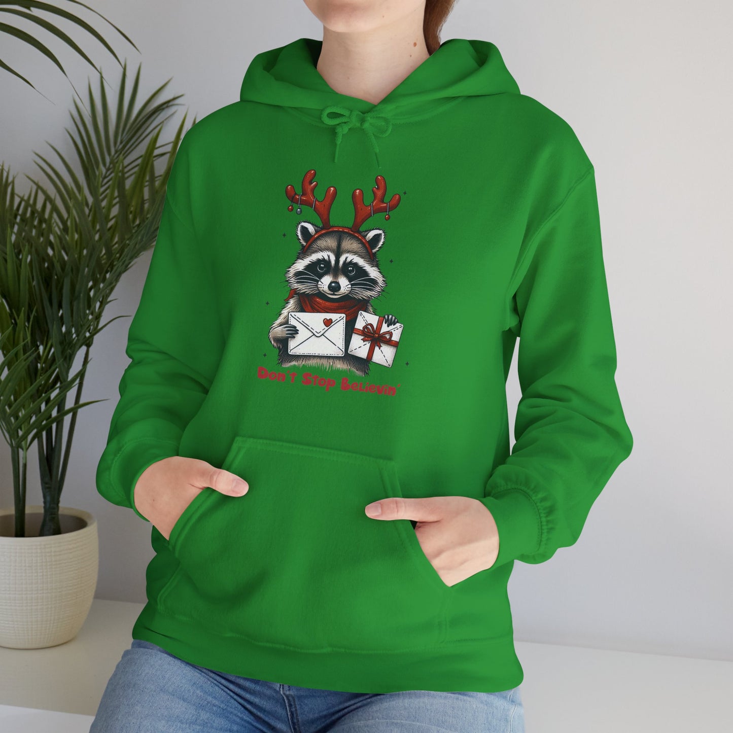 Christmas Raccoon Hoodie — 'Don't Stop Believin'' Festive Holiday Sweatshirt