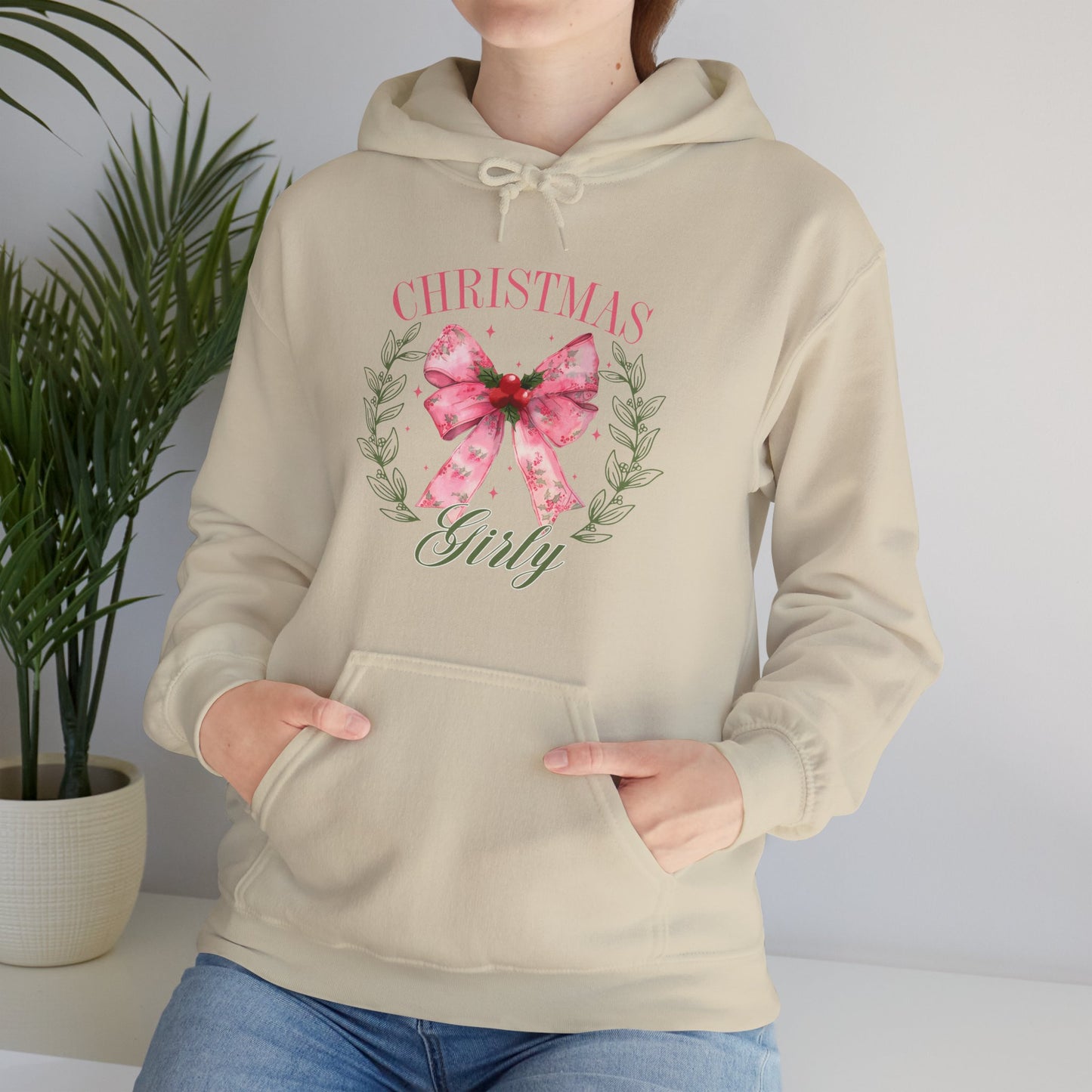 Christmas Girly Hoodie – Pink Bow Wreath Holiday Sweatshirt